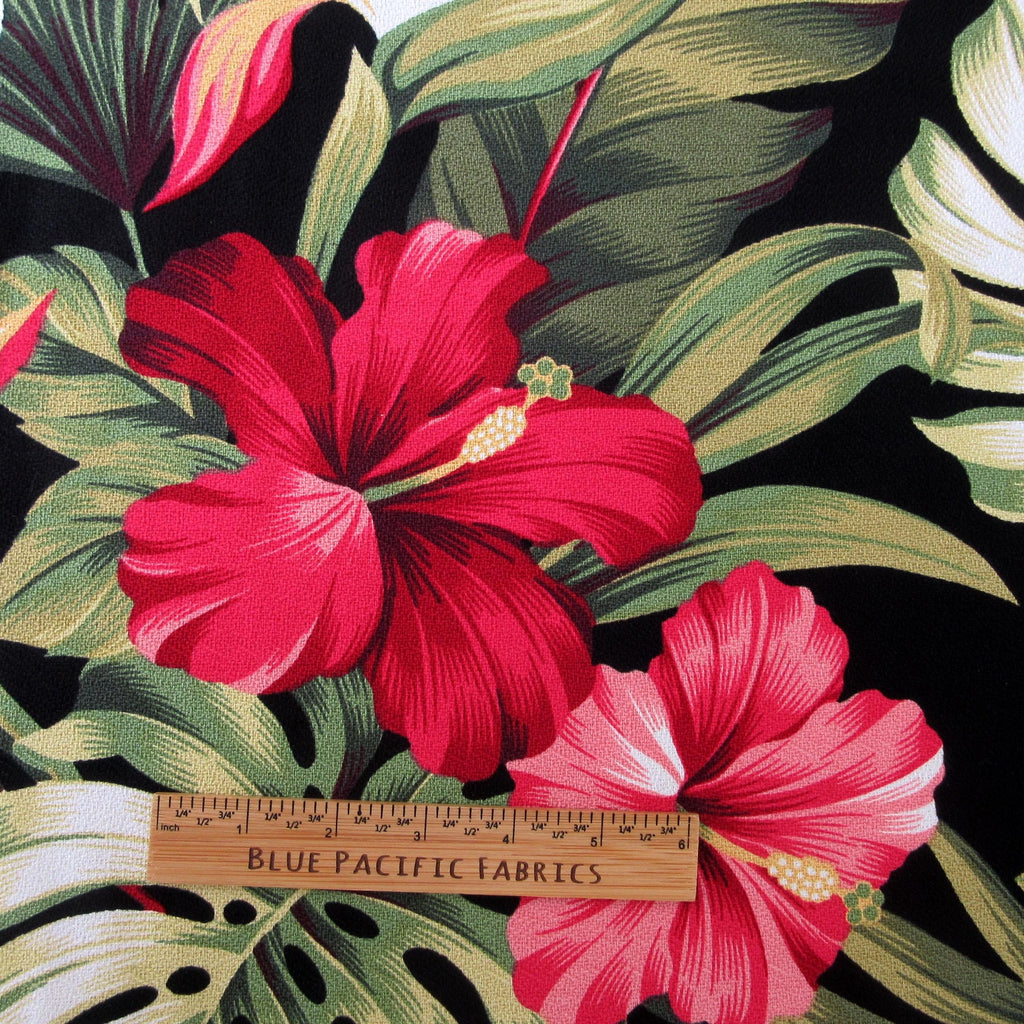 BARKCLOTH Fabric, Pua Hibiscus on Black, Large Scale Hawaii Tropical Floral, By the Yard