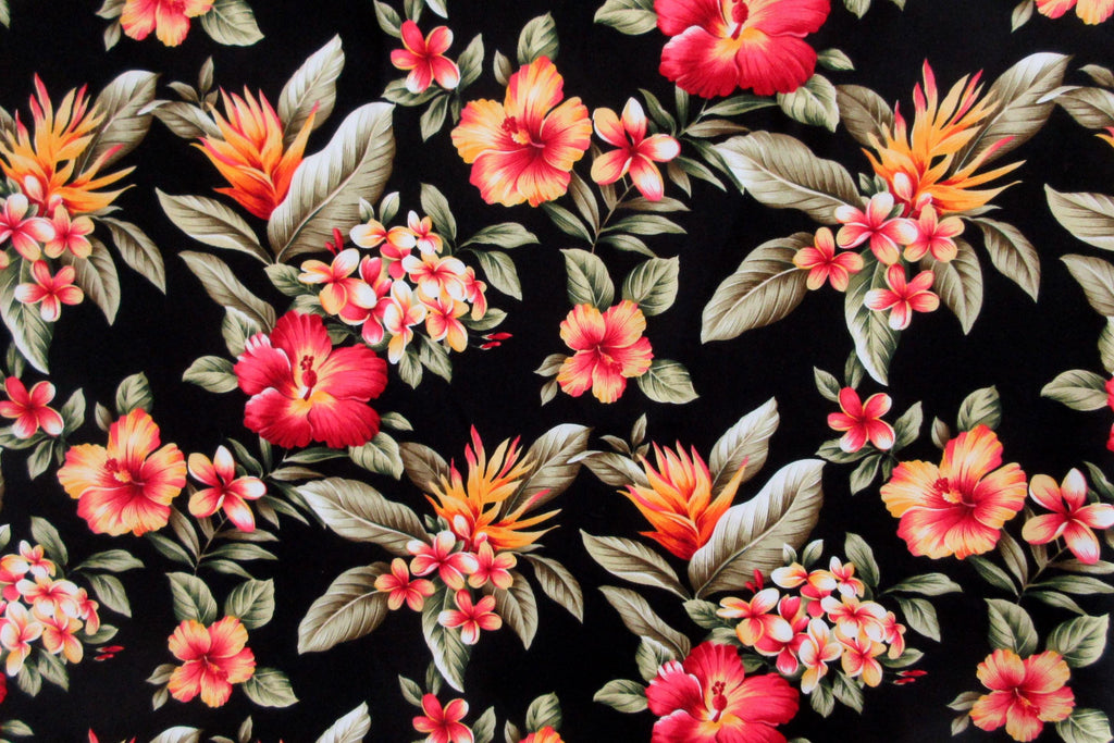 Tropical Fabric, Hibiscus Sunset Glow on Black, Cotton Poplin, By the Half or Full Yard