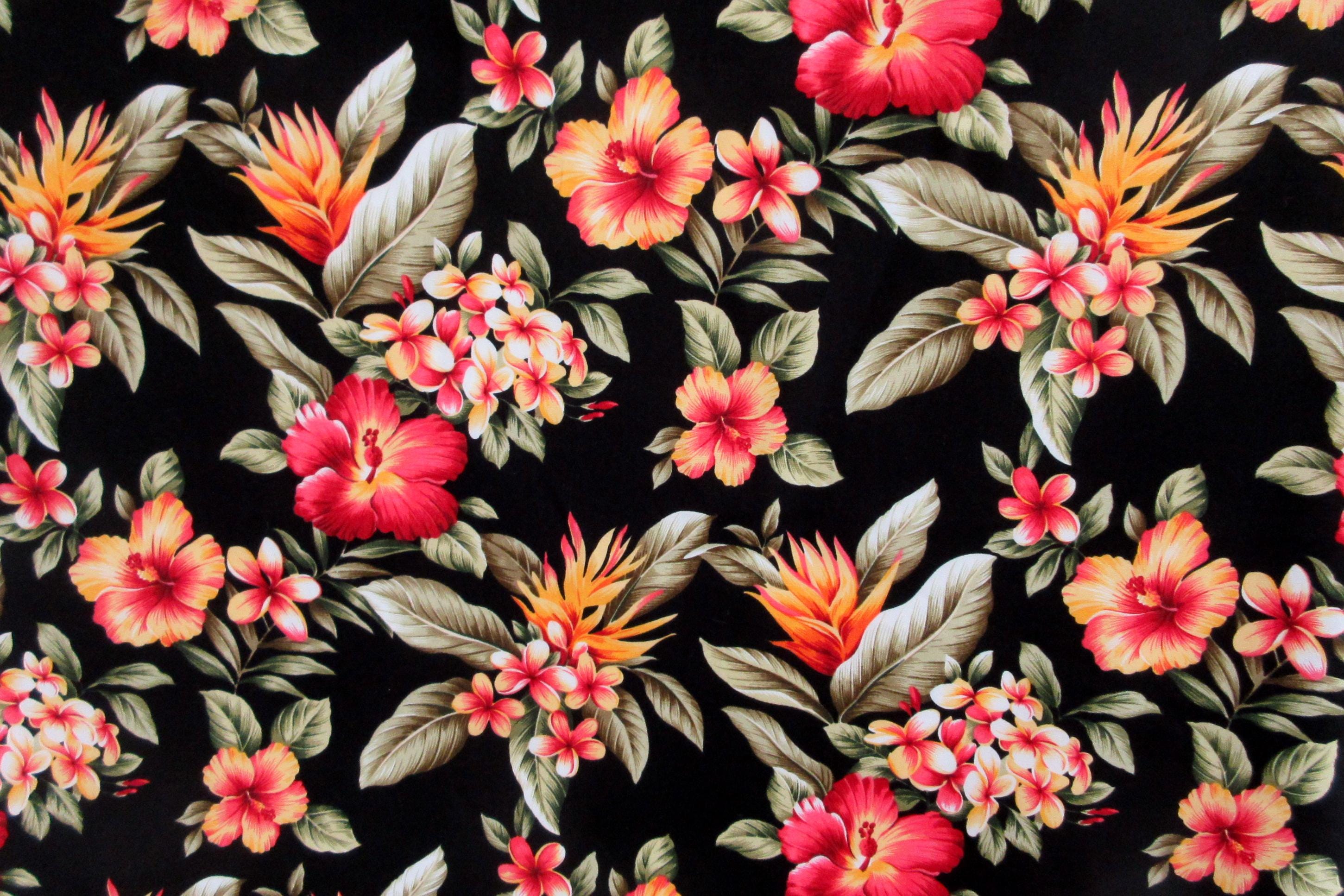 Tropical Fabric, Hibiscus Sunset Glow on Black, Cotton Poplin, By the Half or Full Yard