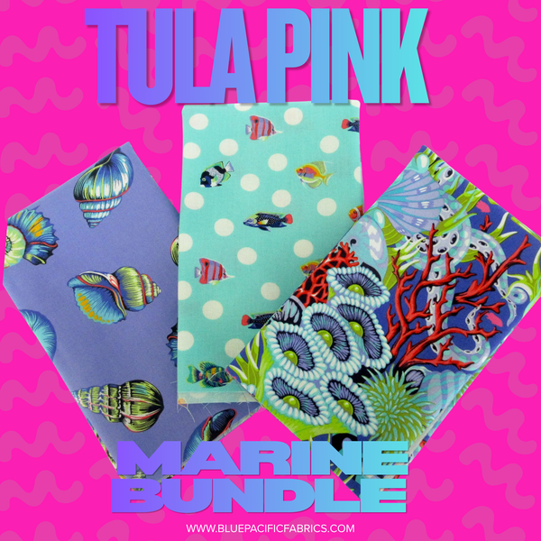 Fabric BUNDLE, Tula Pink Floral Reef in Marine, 3 Piece Half Yard Bundle