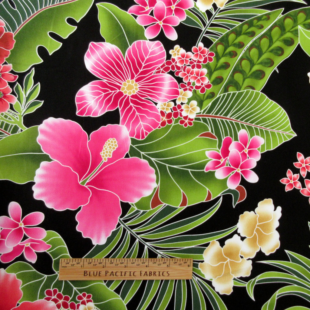 Fabric, Big Island Floral Hibiscus in Black,  Hawaiian Tropical, By the Yard