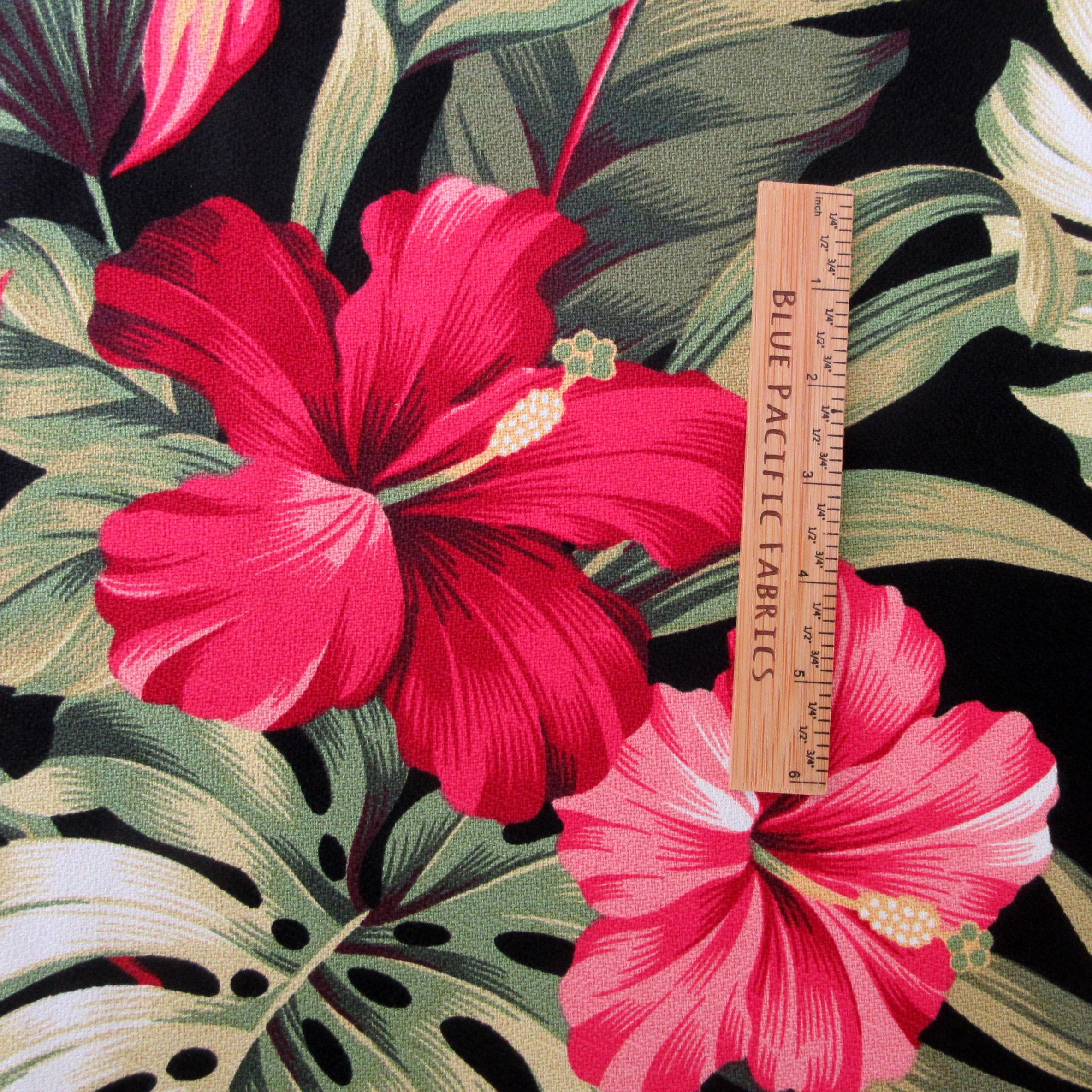BARKCLOTH Fabric, Pua Hibiscus on Black, Large Scale Hawaii Tropical Floral, By the Yard