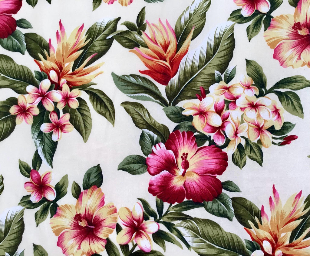 Floral Fabric, Hibiscus Sunset Glow on Buttercream, Tropical Hawaii Cotton Poplin, By the Half or Full Yard