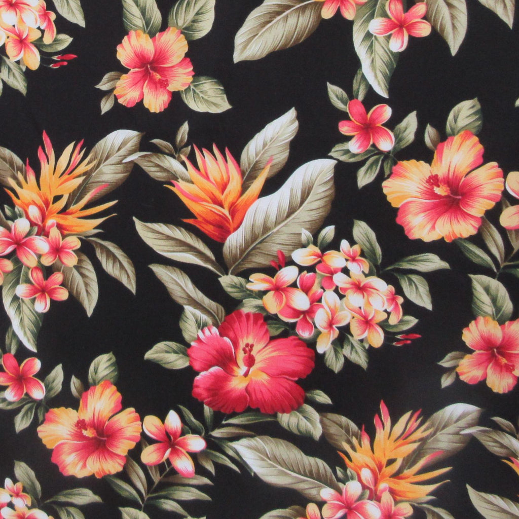 Tropical Fabric, Hibiscus Sunset Glow on Black, Cotton Poplin, By the Half or Full Yard