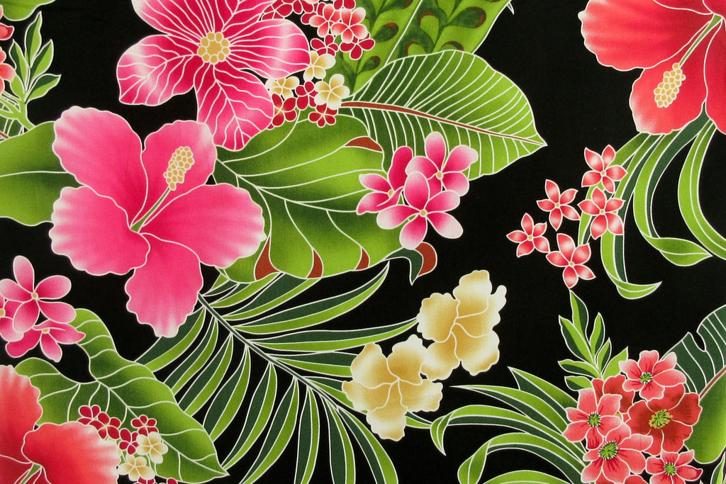 Fabric, Big Island Floral Hibiscus in Black,  Hawaiian Tropical, By the Yard