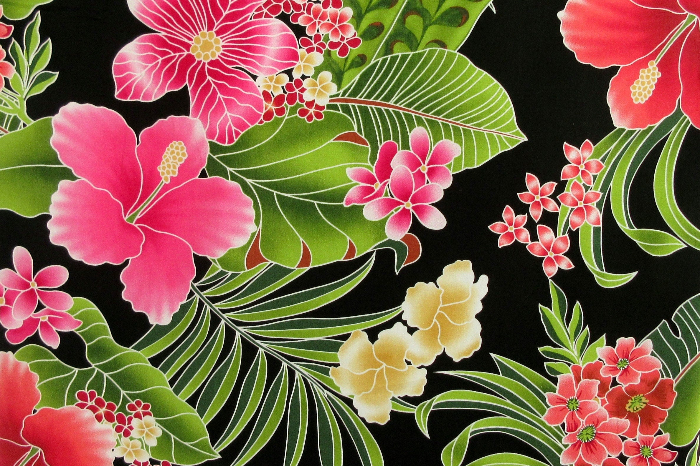 Fabric, Big Island Floral Hibiscus in Black,  Hawaiian Tropical, By the Yard