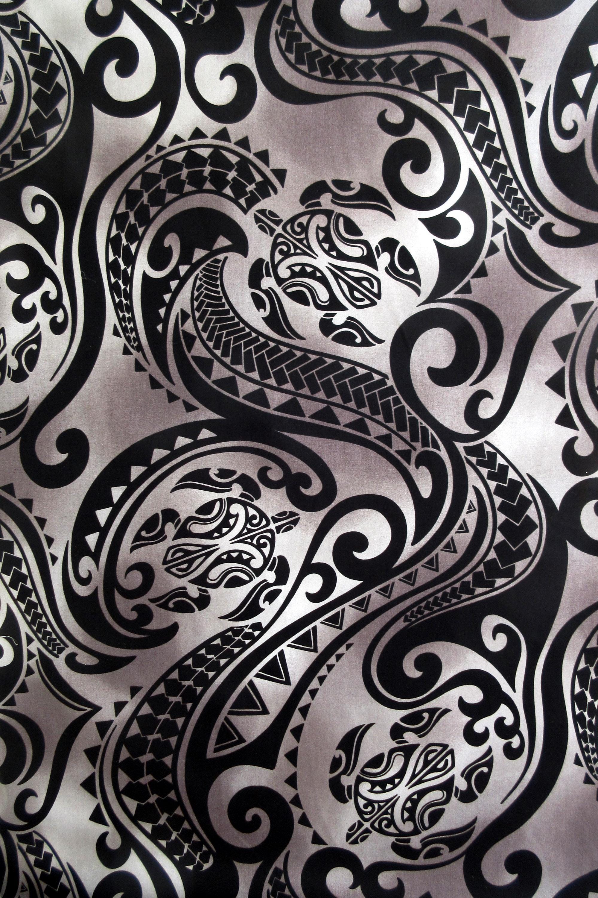 Turtle Fabric, Hawaiian Honu Sea Turtle Tattoo in Black, Polynesian Tapa Designs, By the Yard