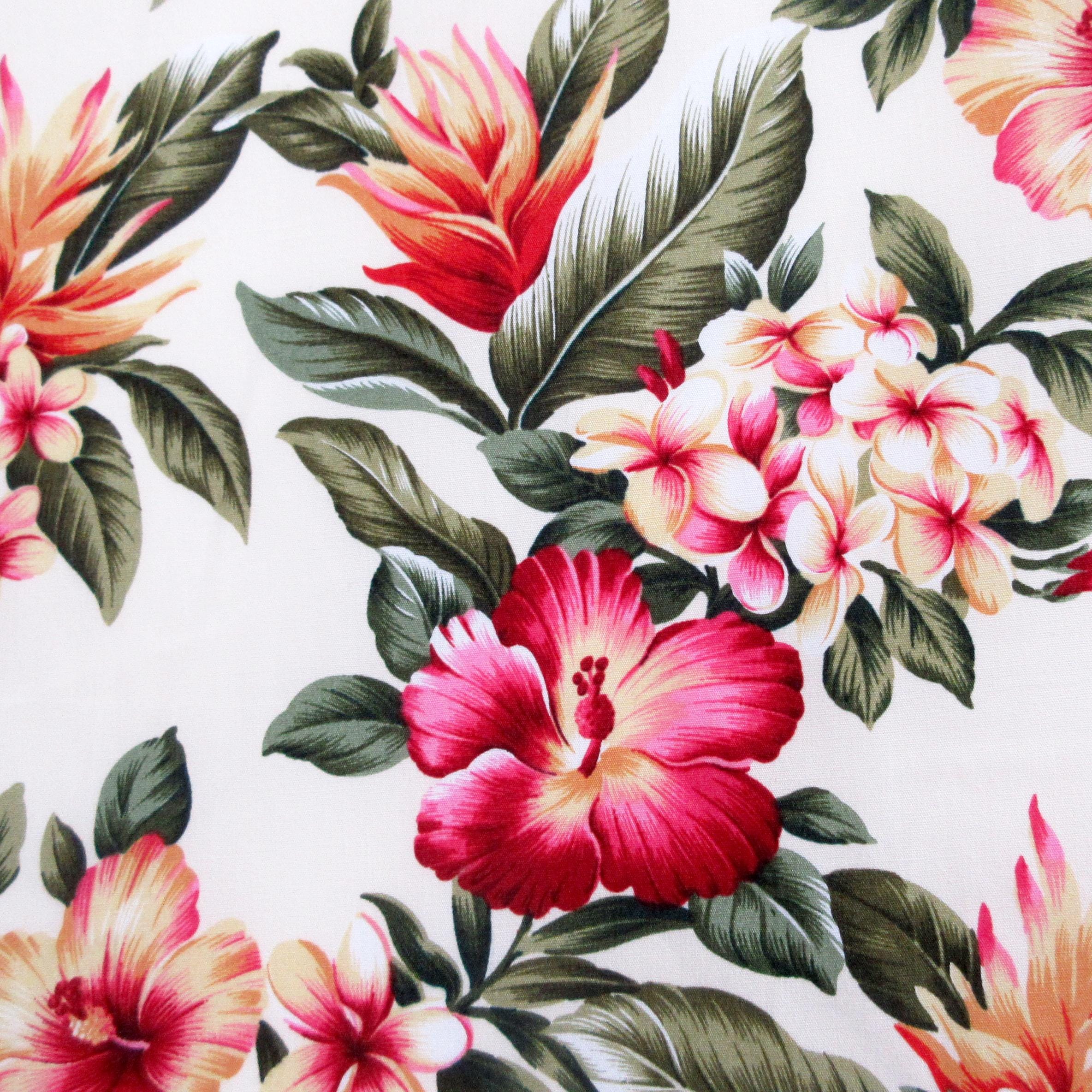 Floral Fabric, Hibiscus Sunset Glow on Buttercream, Tropical Hawaii Cotton Poplin, By the Half or Full Yard