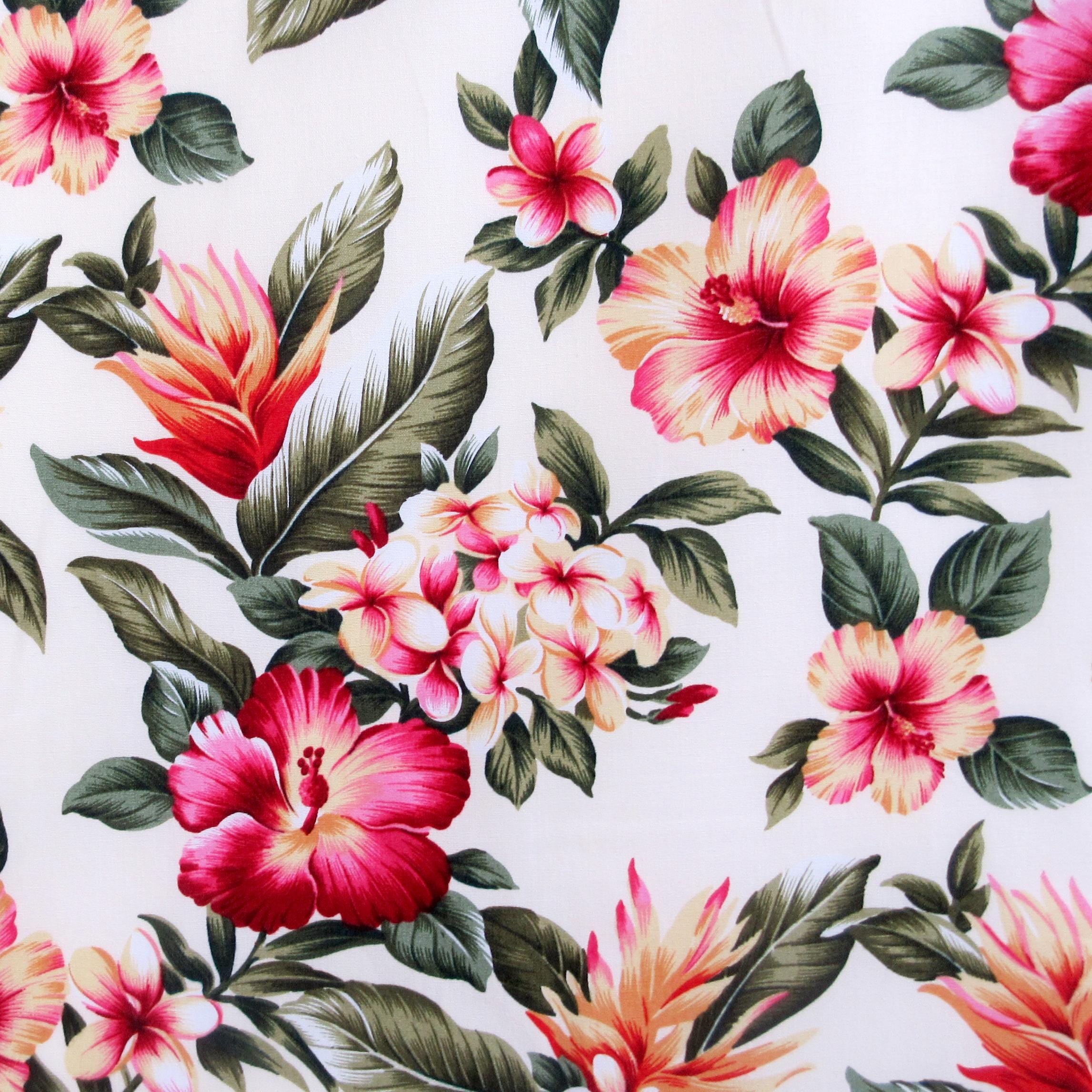 Floral Fabric, Hibiscus Sunset Glow on Buttercream, Tropical Hawaii Cotton Poplin, By the Half or Full Yard
