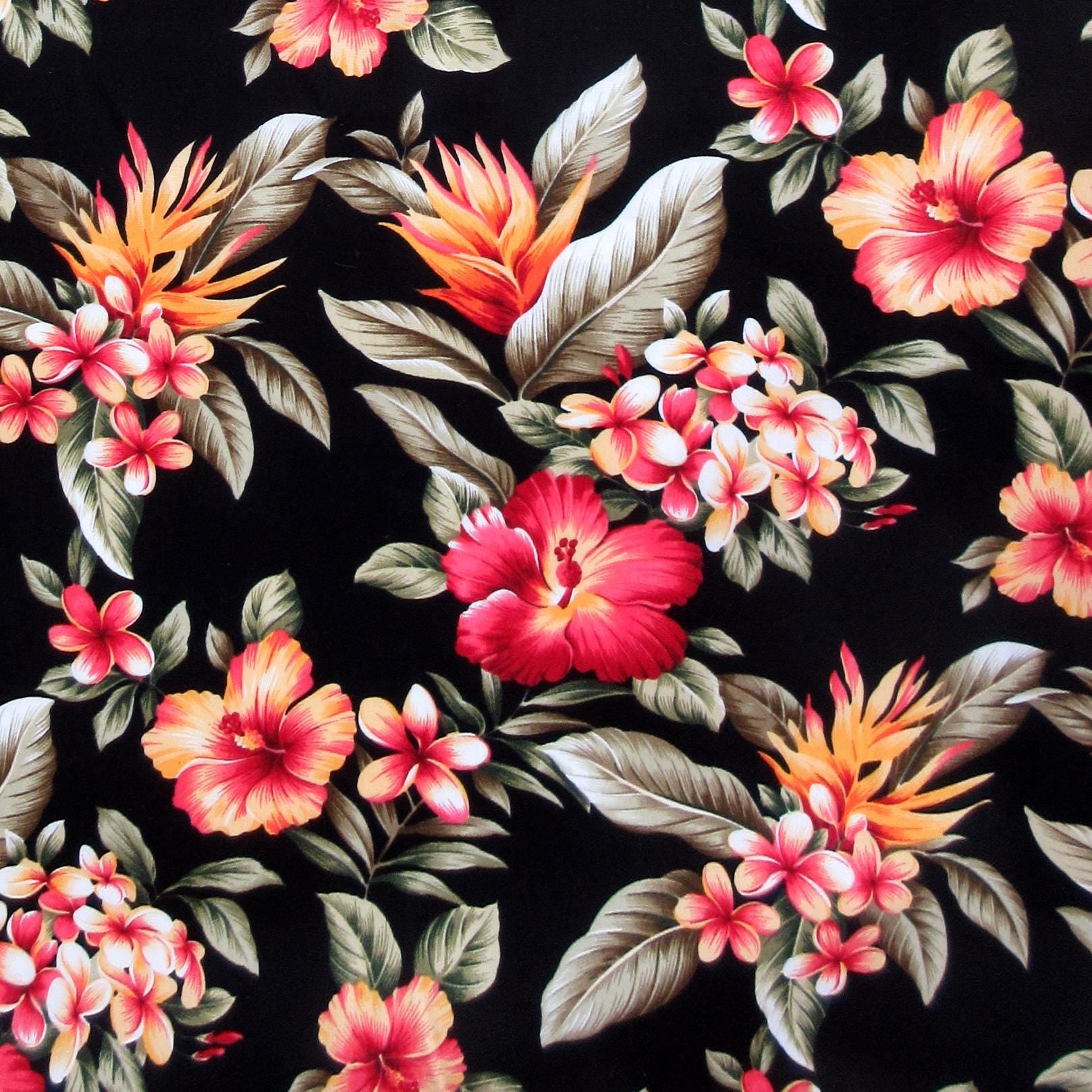Tropical Fabric, Hibiscus Sunset Glow on Black, Cotton Poplin, By the Half or Full Yard
