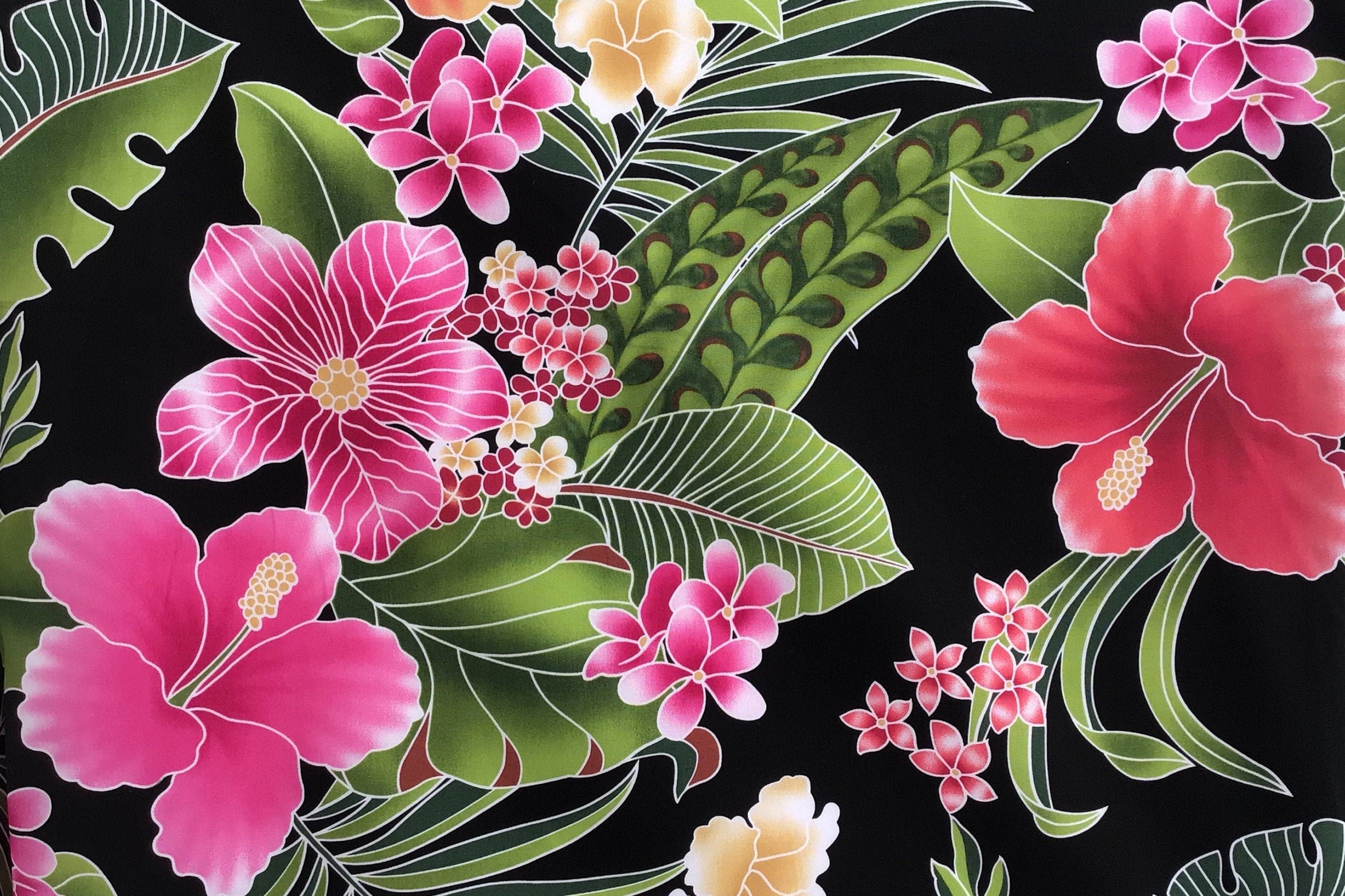 Fabric, Big Island Floral Hibiscus in Black,  Hawaiian Tropical, By the Yard