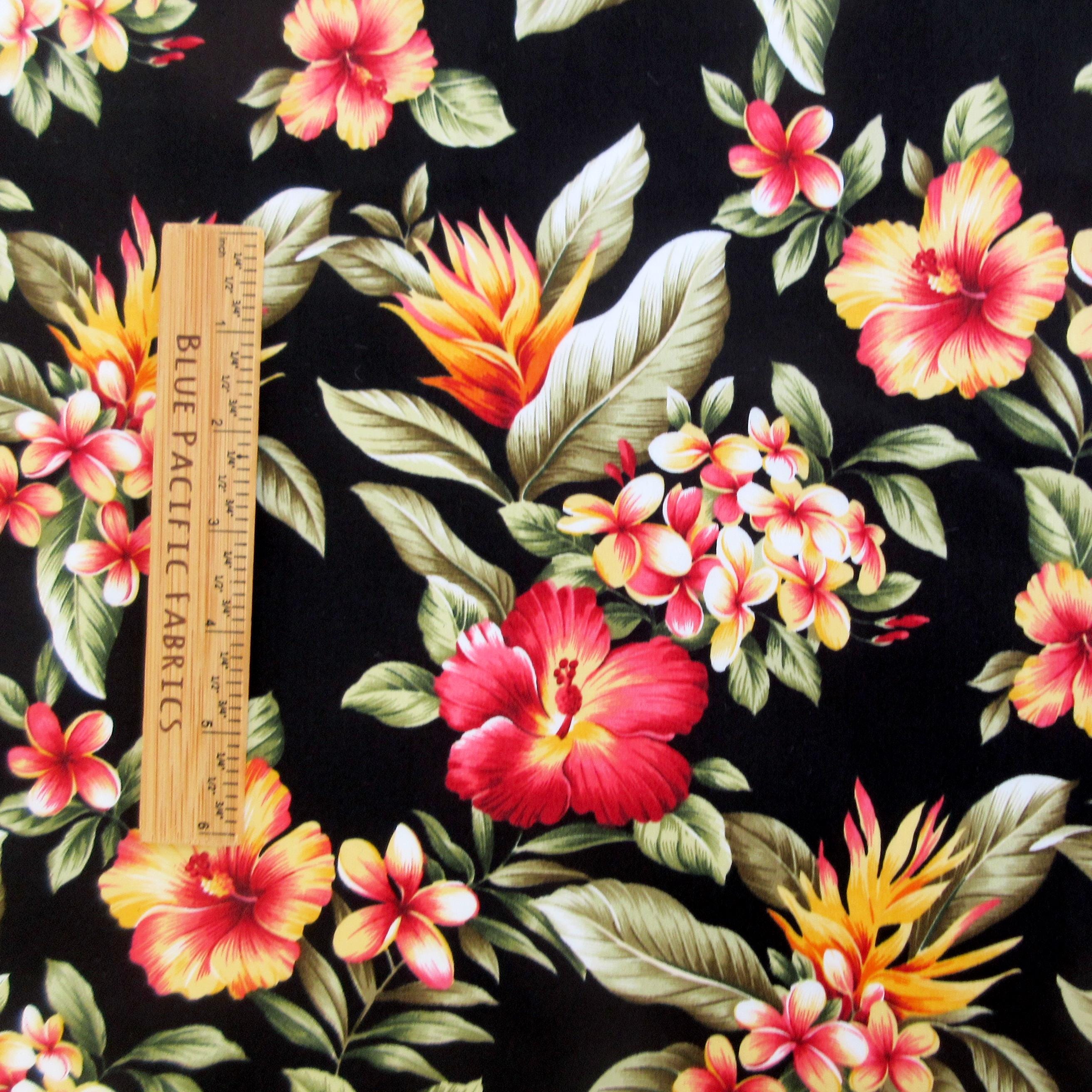 Tropical Fabric, Hibiscus Sunset Glow on Black, Cotton Poplin, By the Half or Full Yard