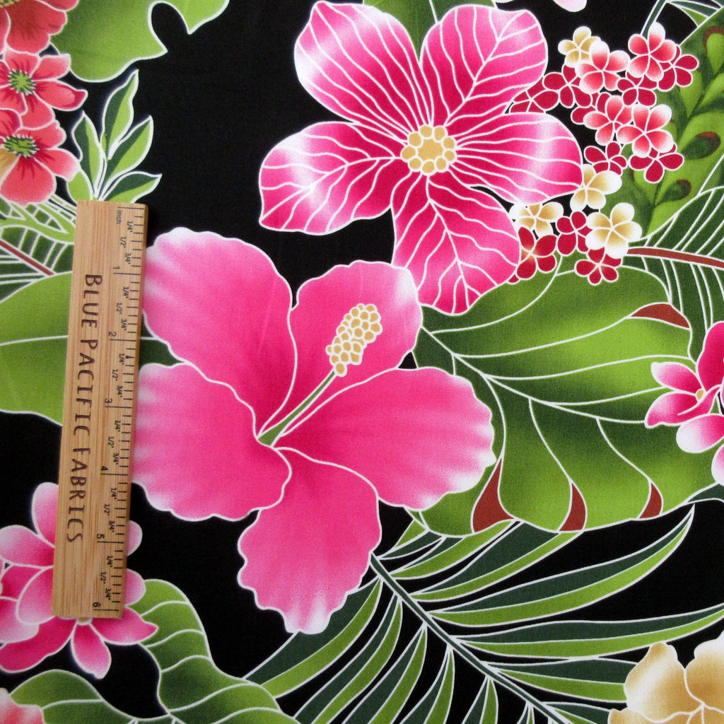 Fabric, Big Island Floral Hibiscus in Black,  Hawaiian Tropical, By the Yard