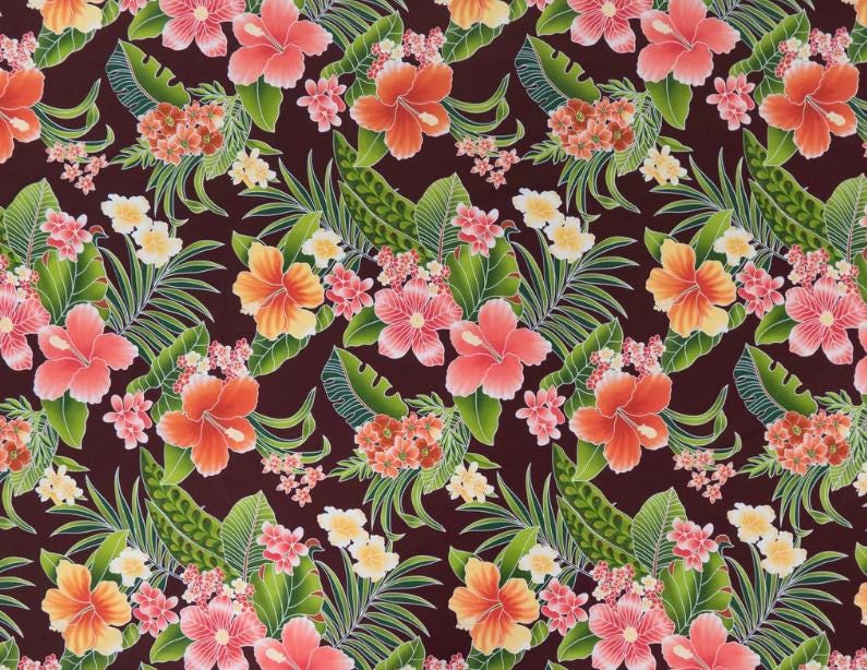Fabric, Big Island Floral Hibiscus in Chocolate Brown,  Hawaiian Tropical, By the Yard