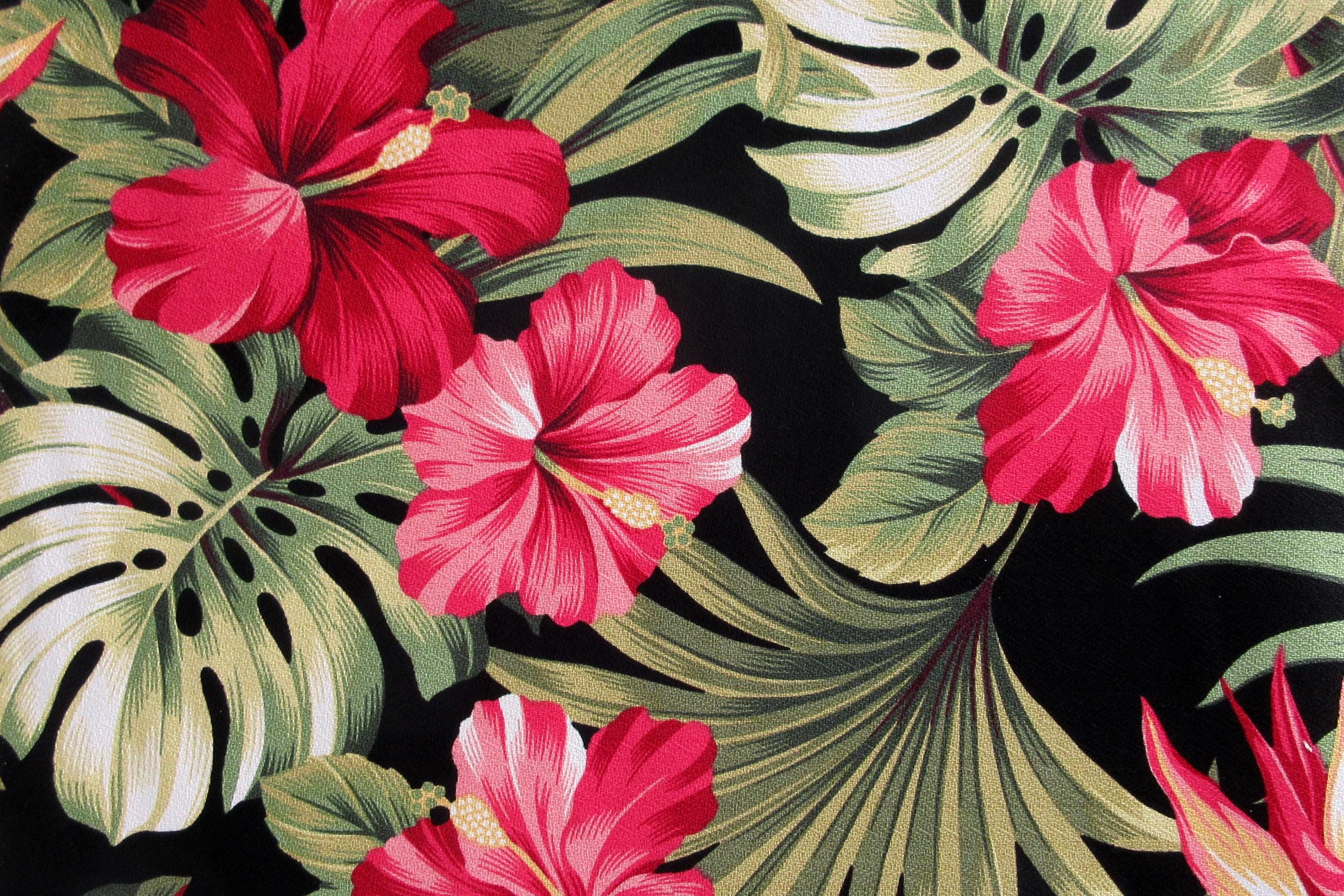 BARKCLOTH Fabric, Pua Hibiscus on Black, Large Scale Hawaii Tropical Floral, By the Yard