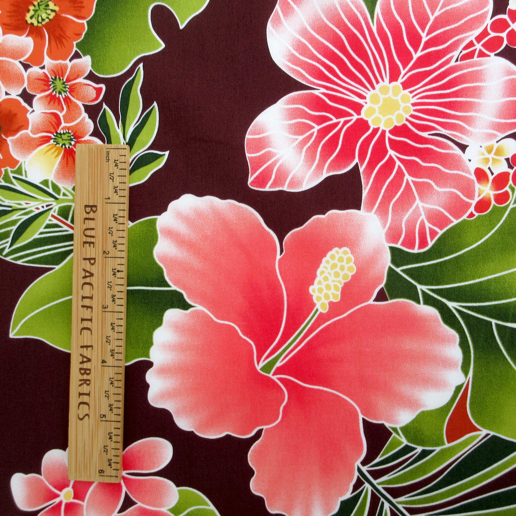 Fabric, Big Island Floral Hibiscus in Chocolate Brown,  Hawaiian Tropical, By the Yard