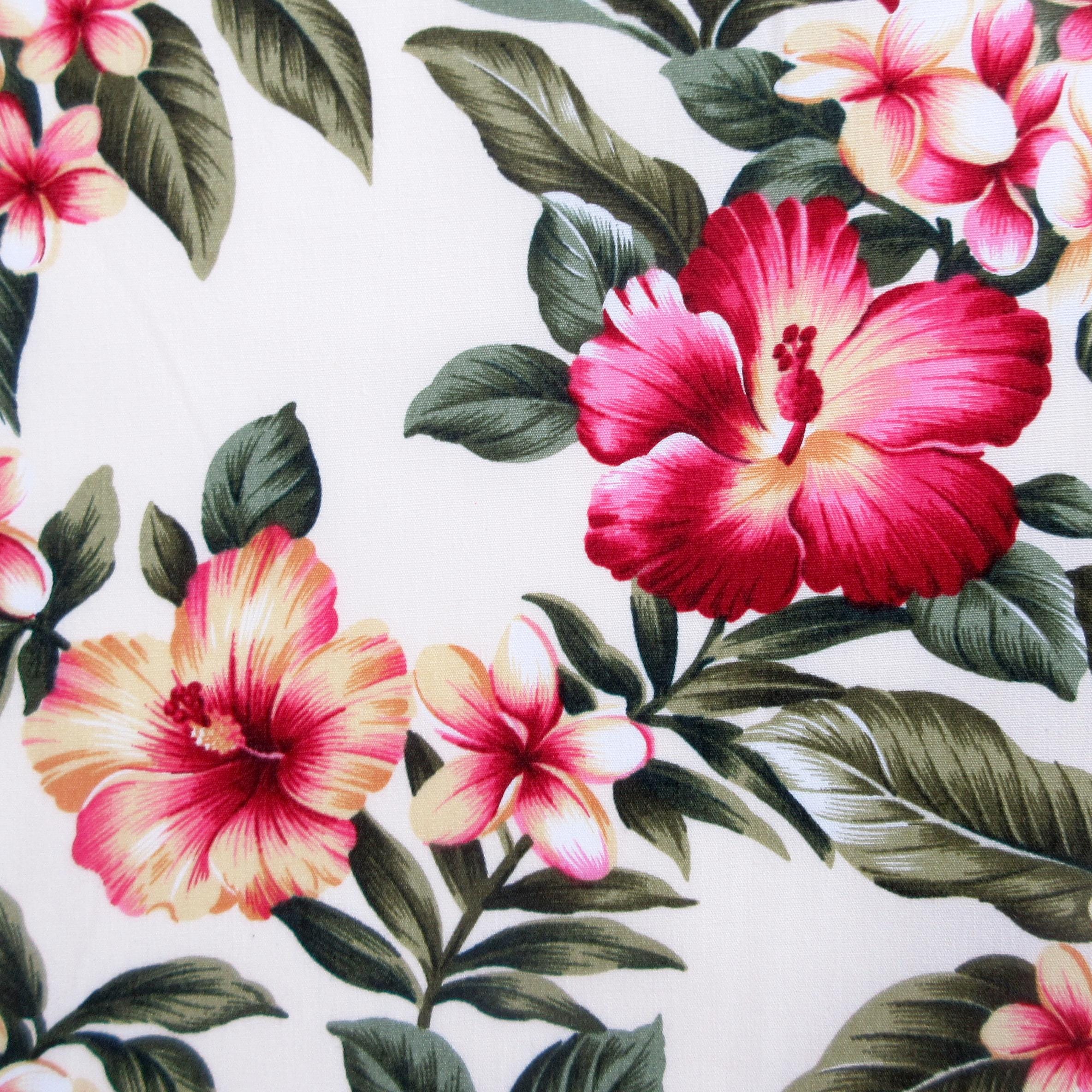 Floral Fabric, Hibiscus Sunset Glow on Buttercream, Tropical Hawaii Cotton Poplin, By the Half or Full Yard