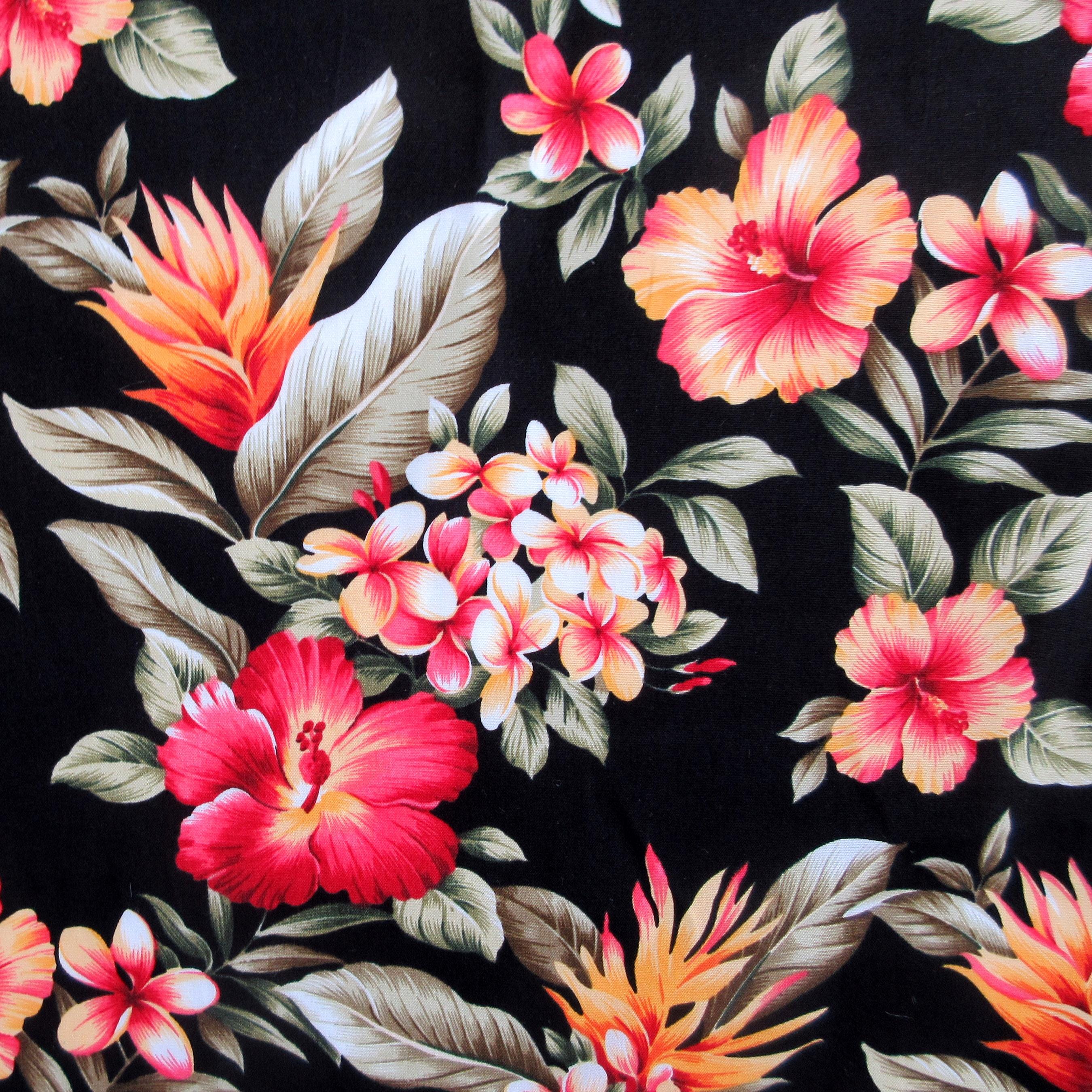 Tropical Fabric, Hibiscus Sunset Glow on Black, Cotton Poplin, By the Half or Full Yard