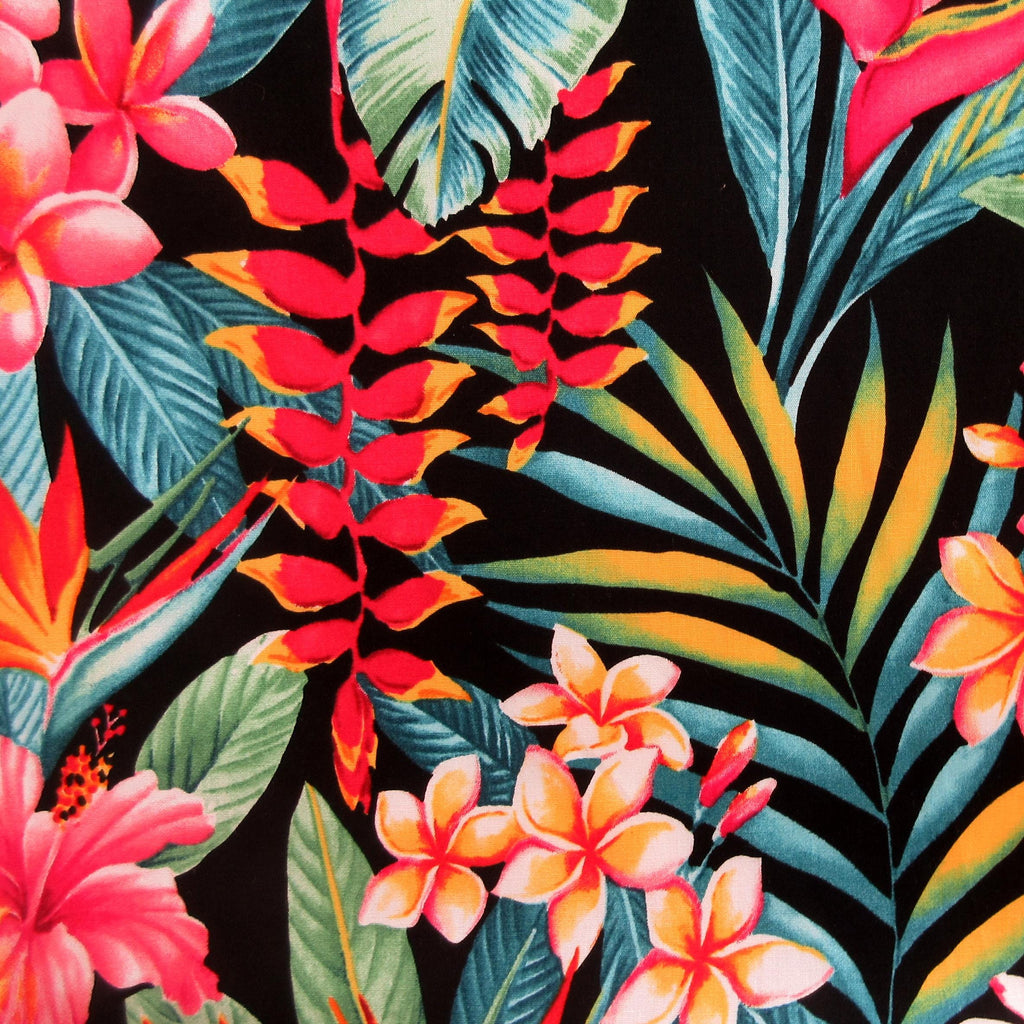 Tropical Fabric, Botanical Garden Paradise on Black, By the Half or Full Yard