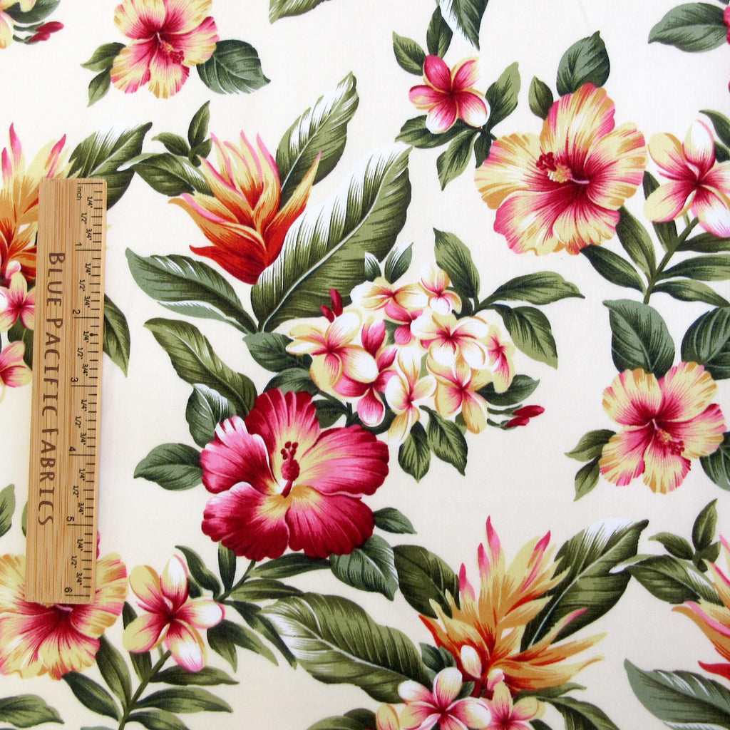 Floral Fabric, Hibiscus Sunset Glow on Buttercream, Tropical Hawaii Cotton Poplin, By the Half or Full Yard