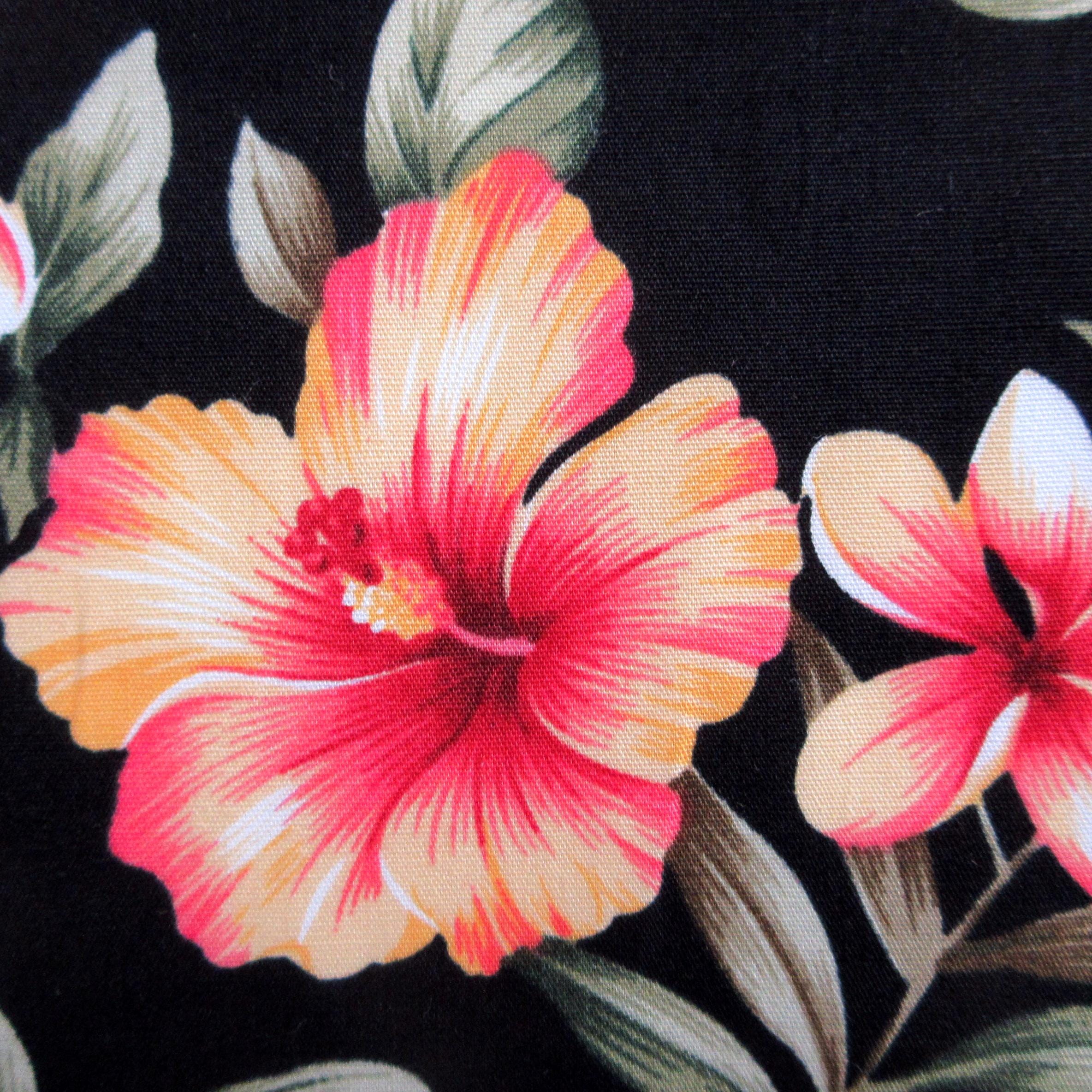 Tropical Fabric, Hibiscus Sunset Glow on Black, Cotton Poplin, By the Half or Full Yard