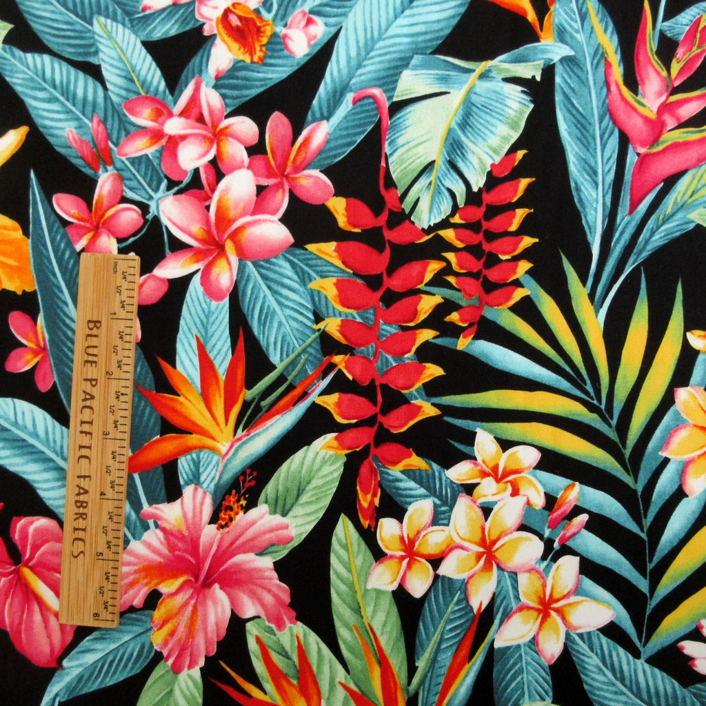 Tropical Fabric, Botanical Garden Paradise on Black, By the Half or Full Yard