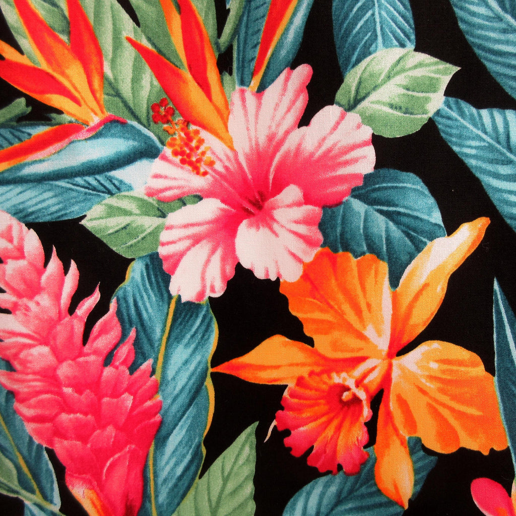 Tropical Fabric, Botanical Garden Paradise on Black, By the Half or Full Yard