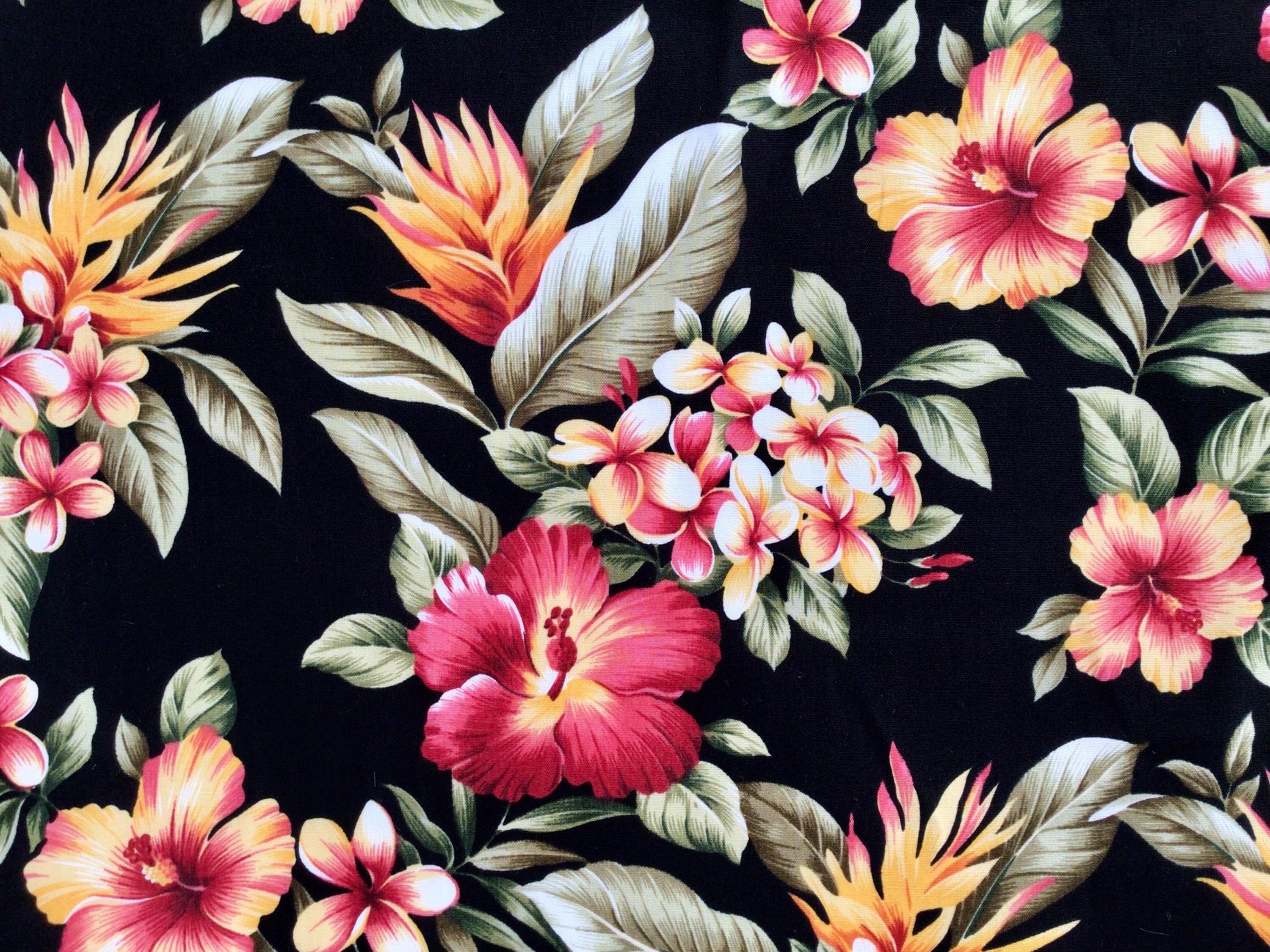Tropical Fabric, Hibiscus Sunset Glow on Black, Cotton Poplin, By the Half or Full Yard