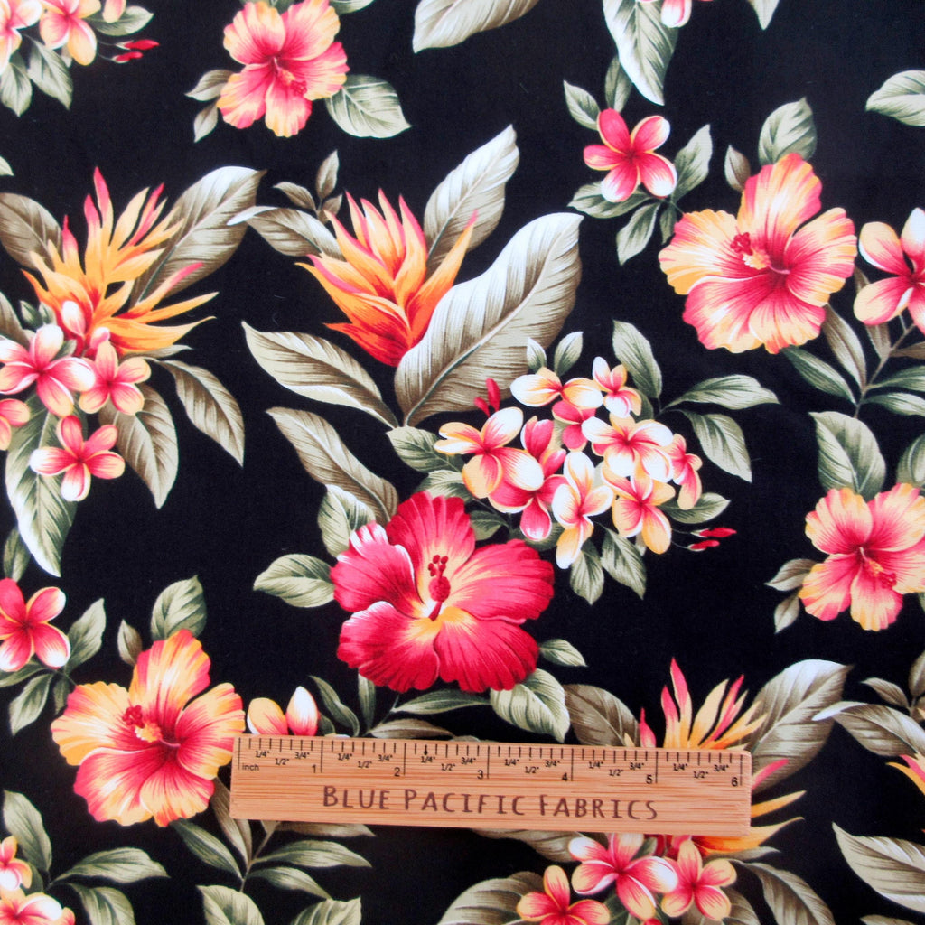 Tropical Fabric, Hibiscus Sunset Glow on Black, Cotton Poplin, By the Half or Full Yard
