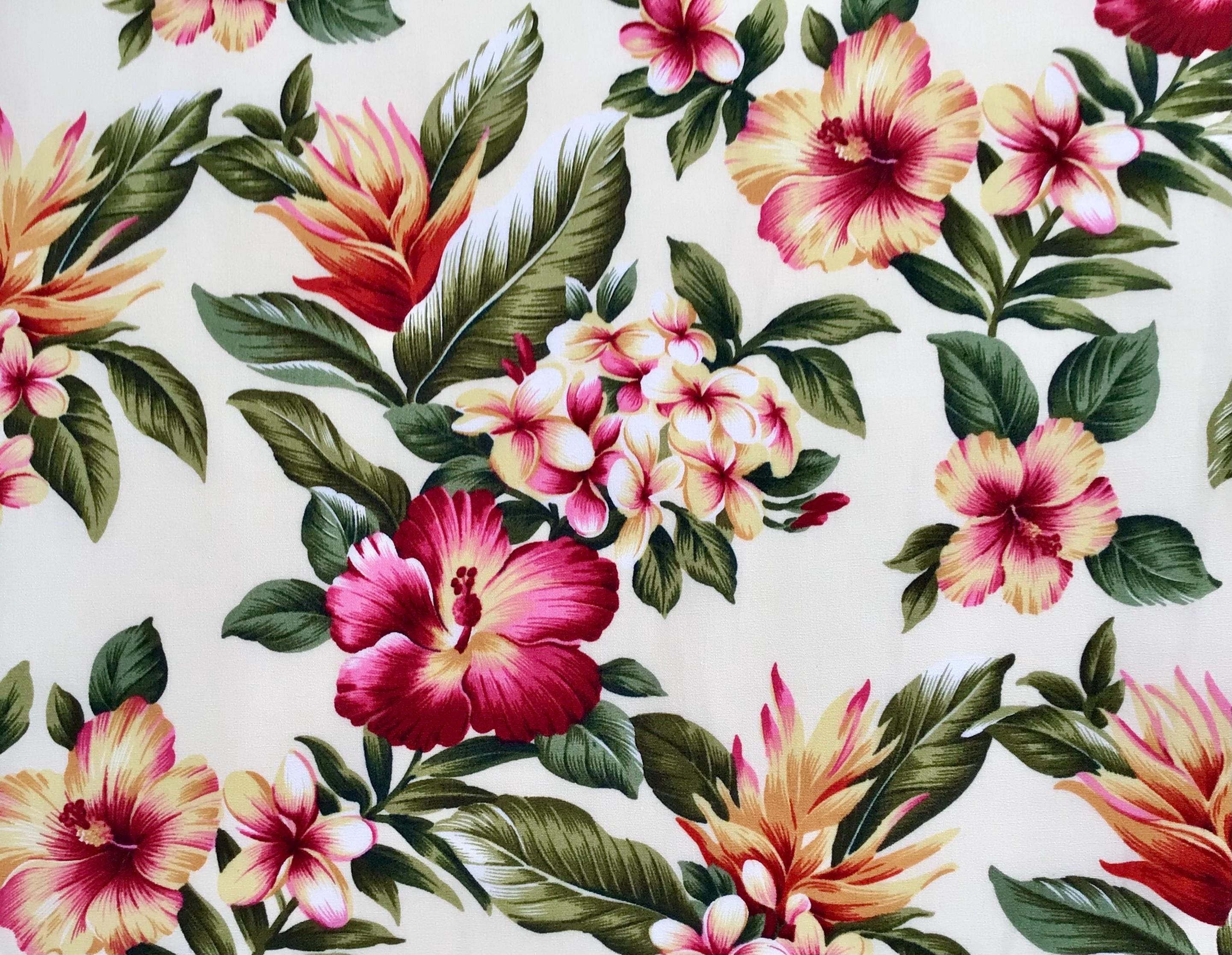Floral Fabric, Hibiscus Sunset Glow on Buttercream, Tropical Hawaii Cotton Poplin, By the Half or Full Yard