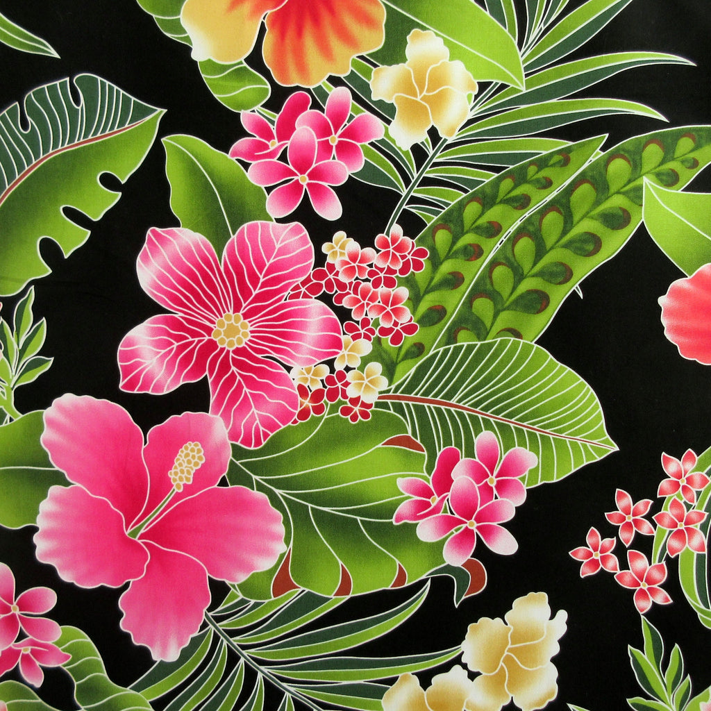 Fabric, Big Island Floral Hibiscus in Black,  Hawaiian Tropical, By the Yard