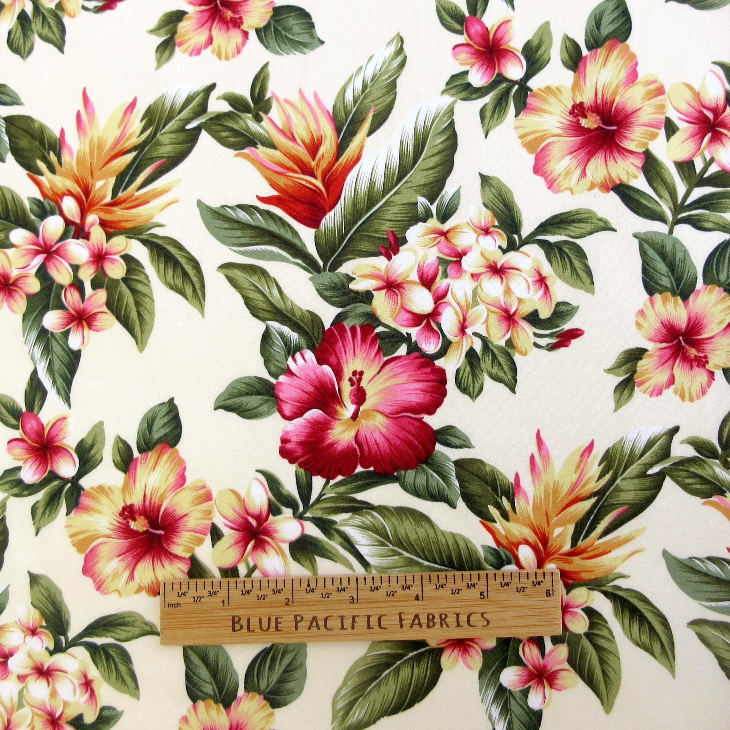 Floral Fabric, Hibiscus Sunset Glow on Buttercream, Tropical Hawaii Cotton Poplin, By the Half or Full Yard