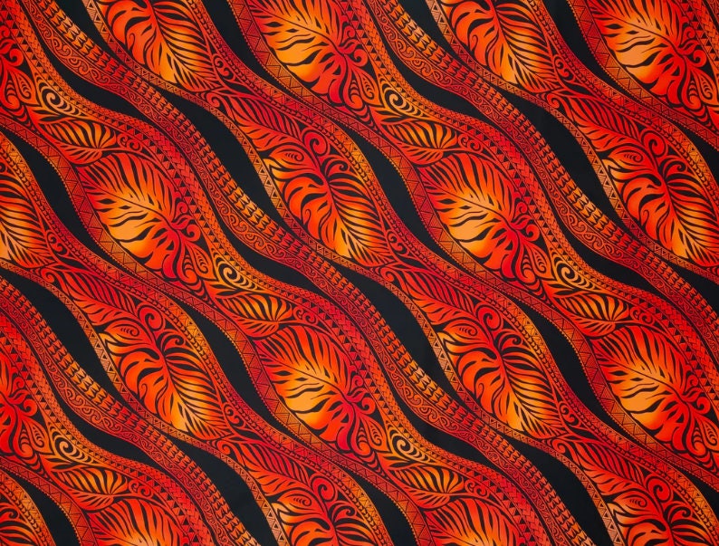 Hawaiian Fabric, Big Leaf Stripe, Red Ombre Tattoo, Large Scale Print, By The Half and Full Yard