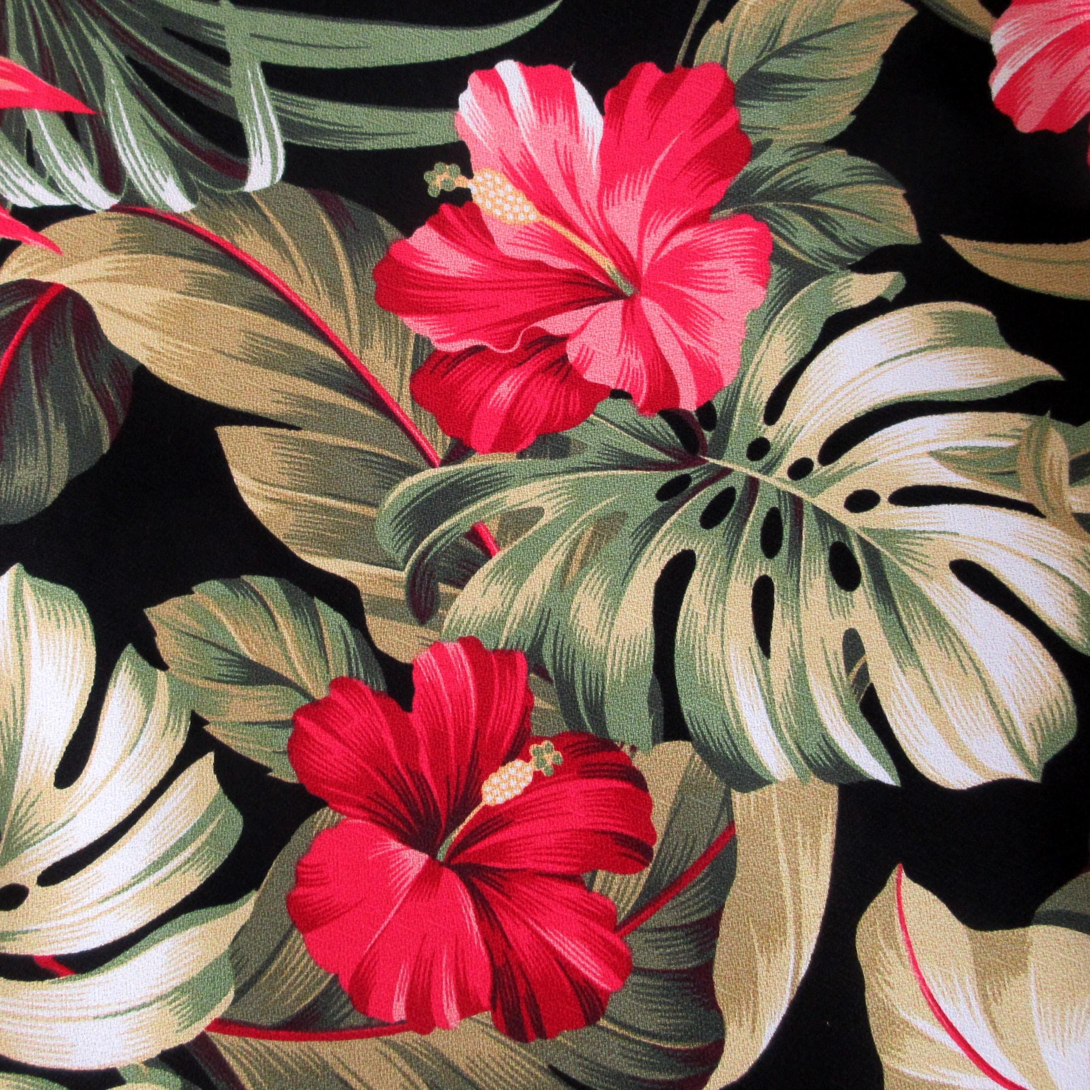 BARKCLOTH Fabric, Pua Hibiscus on Black, Large Scale Hawaii Tropical Floral, By the Yard