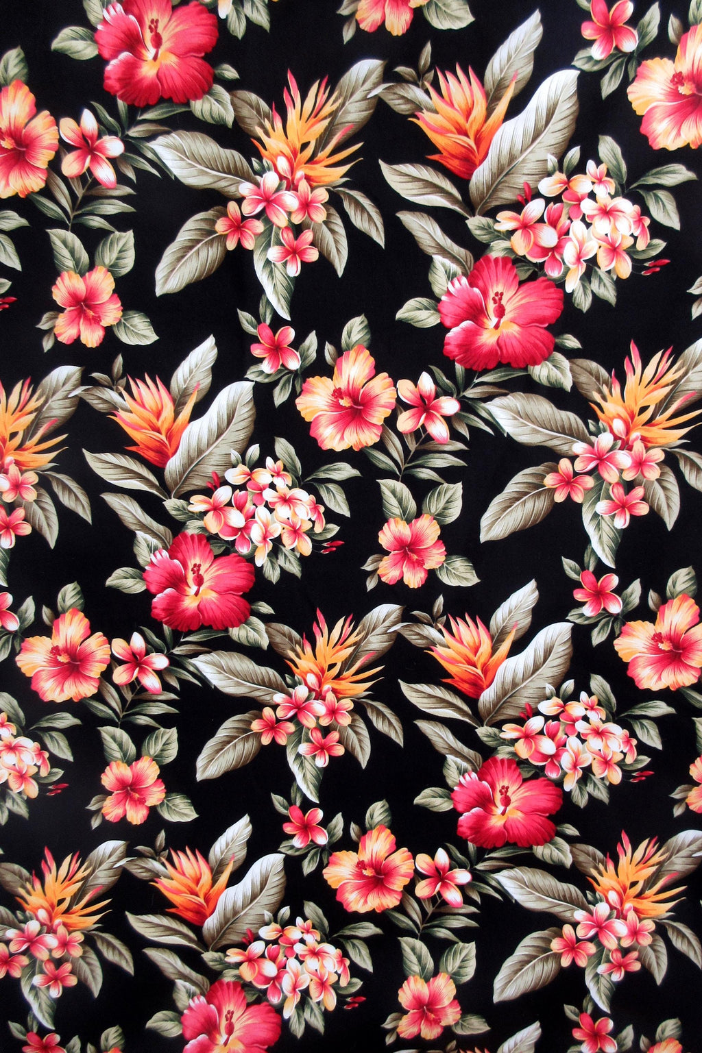 Tropical Fabric, Hibiscus Sunset Glow on Black, Cotton Poplin, By the Half or Full Yard