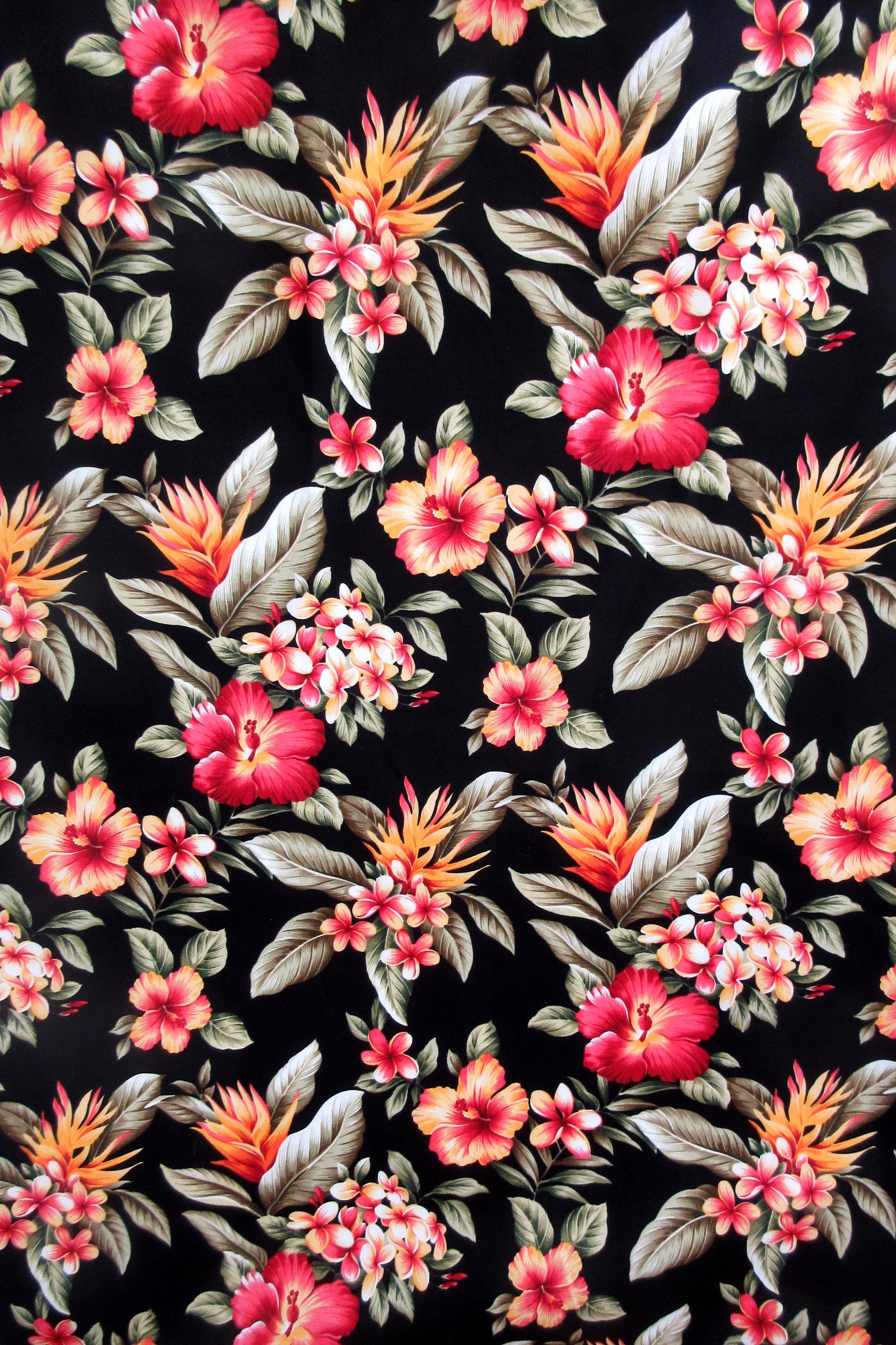 Tropical Fabric, Hibiscus Sunset Glow on Black, Cotton Poplin, By the Half or Full Yard