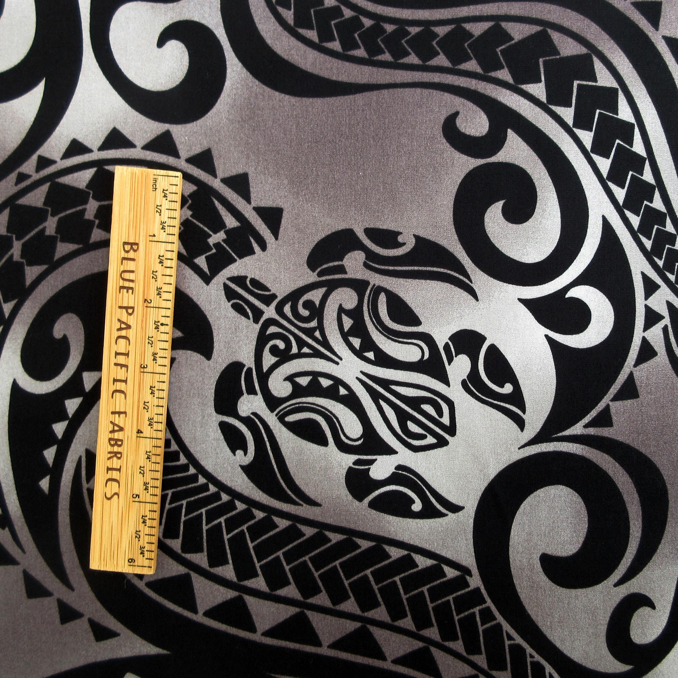 Turtle Fabric, Hawaiian Honu Sea Turtle Tattoo in Black, Polynesian Tapa Designs, By the Yard