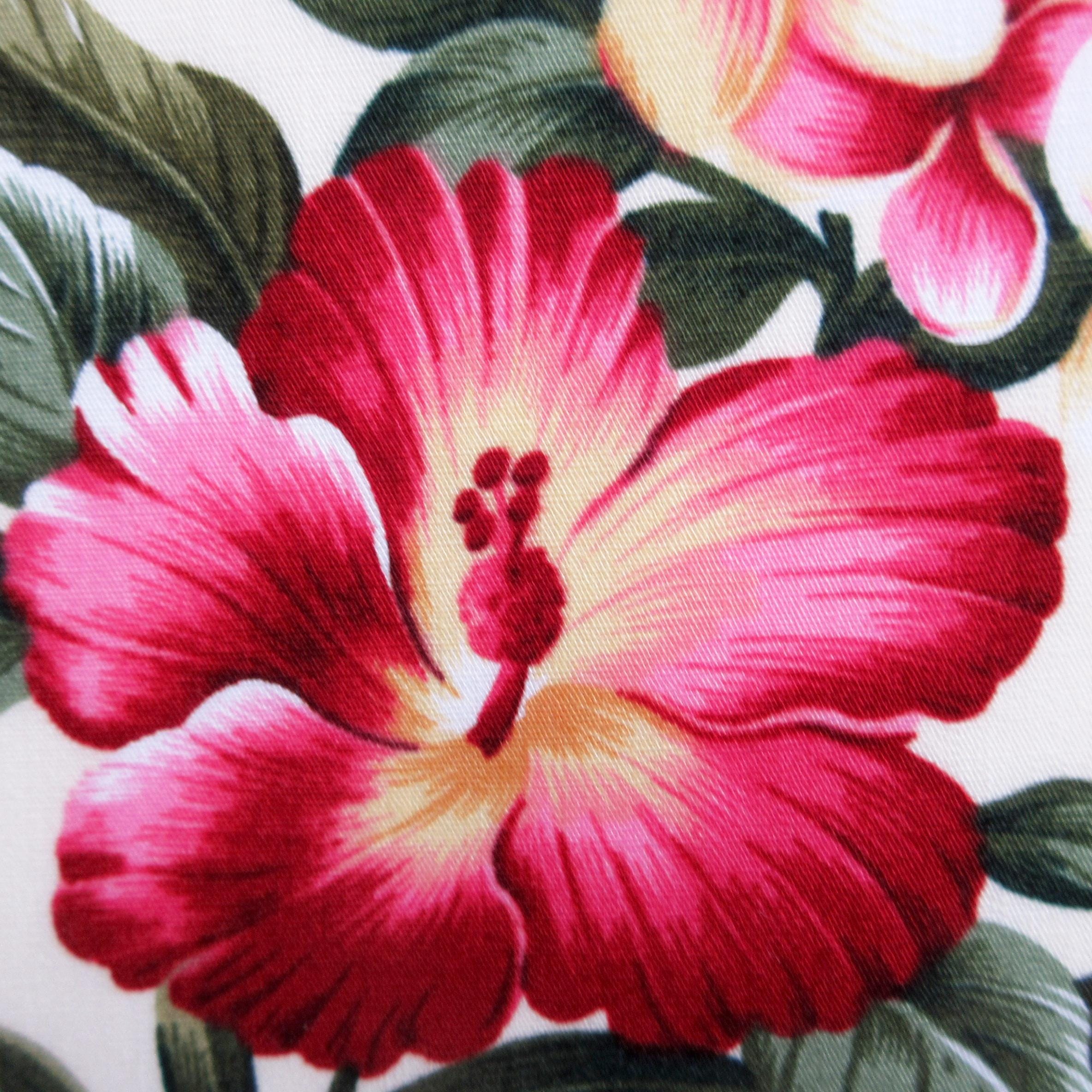 Floral Fabric, Hibiscus Sunset Glow on Buttercream, Tropical Hawaii Cotton Poplin, By the Half or Full Yard