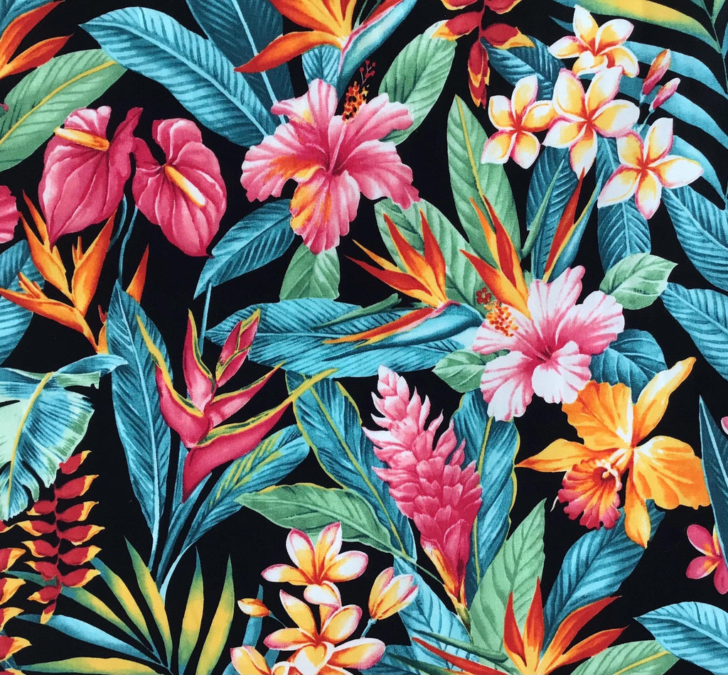 Tropical Fabric, Botanical Garden Paradise on Black, By the Half or Full Yard