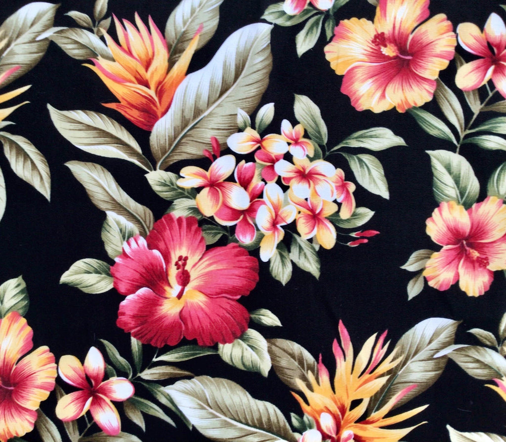 Tropical Fabric, Hibiscus Sunset Glow on Black, Cotton Poplin, By the Half or Full Yard