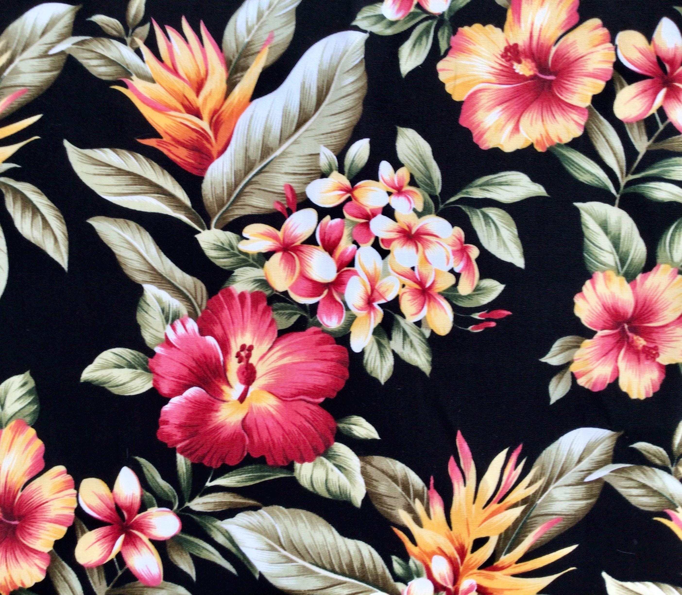 Tropical Fabric, Hibiscus Sunset Glow on Black, Cotton Poplin, By the Half or Full Yard