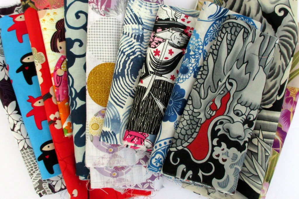Asian Fabric Scrap Bag SURPRISE, Asian Theme, Assorted Florals Dragons Geisha and More