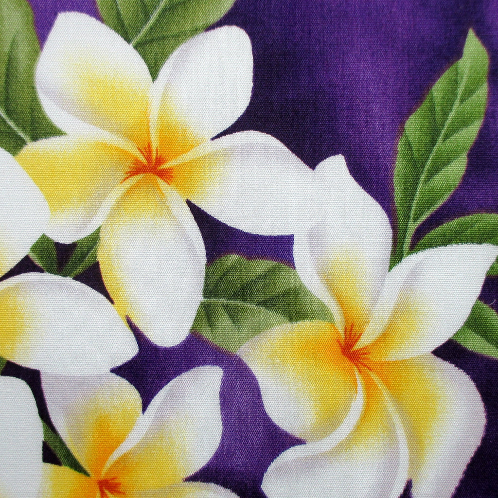 Fabric, White Plumeria Bouquet on Deep Purple, Tropical Hawaiian, By the Half or Full Yard