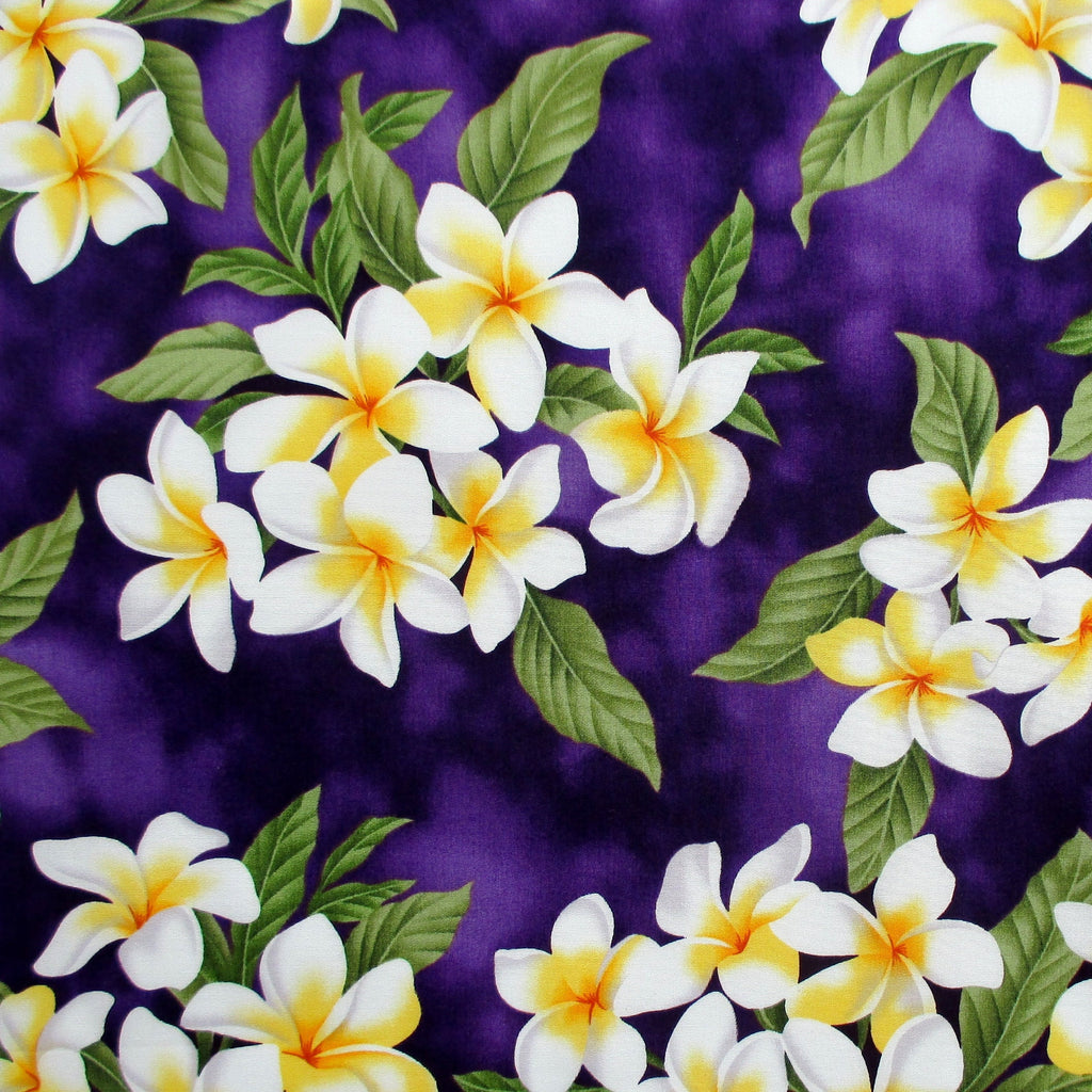 Fabric, White Plumeria Bouquet on Deep Purple, Tropical Hawaiian, By the Half or Full Yard