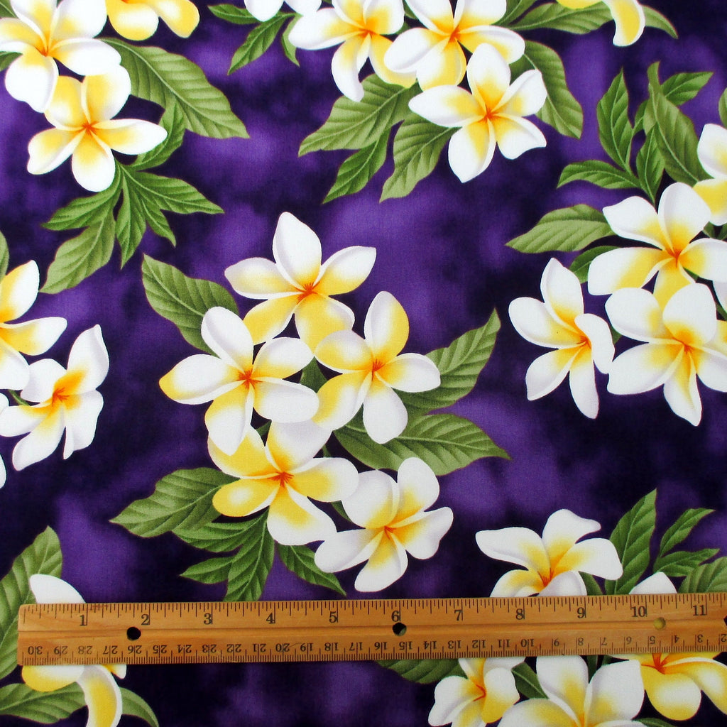 Fabric, White Plumeria Bouquet on Deep Purple, Tropical Hawaiian, By the Half or Full Yard
