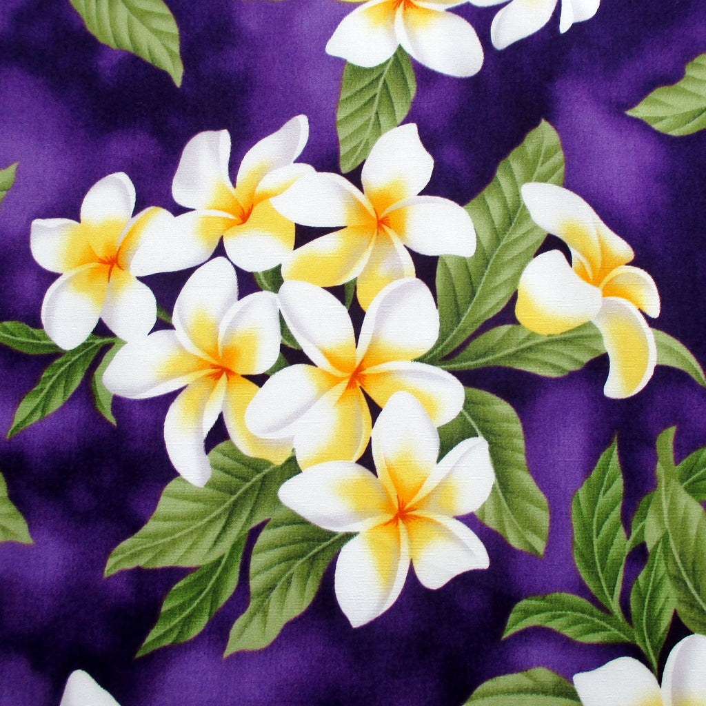 Fabric, White Plumeria Bouquet on Deep Purple, Tropical Hawaiian, By the Half or Full Yard