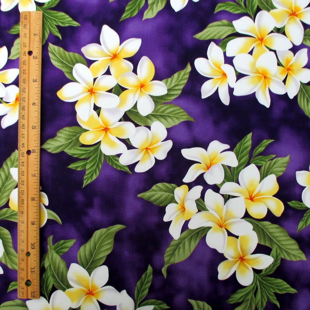 Fabric, White Plumeria Bouquet on Deep Purple, Tropical Hawaiian, By the Half or Full Yard
