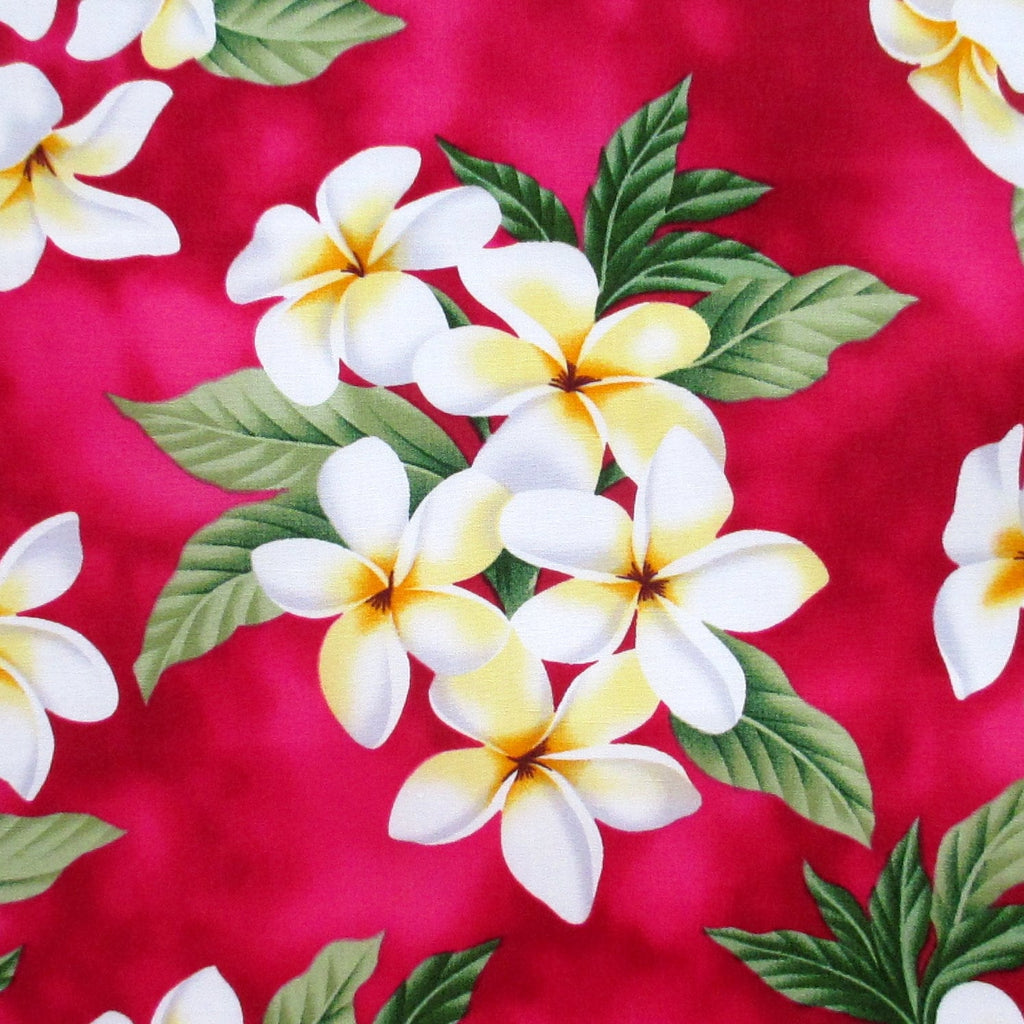 Fabric, White Plumeria Bouquet on Deep Pink, Tropical Hawaiian, By the Half or Full Yard