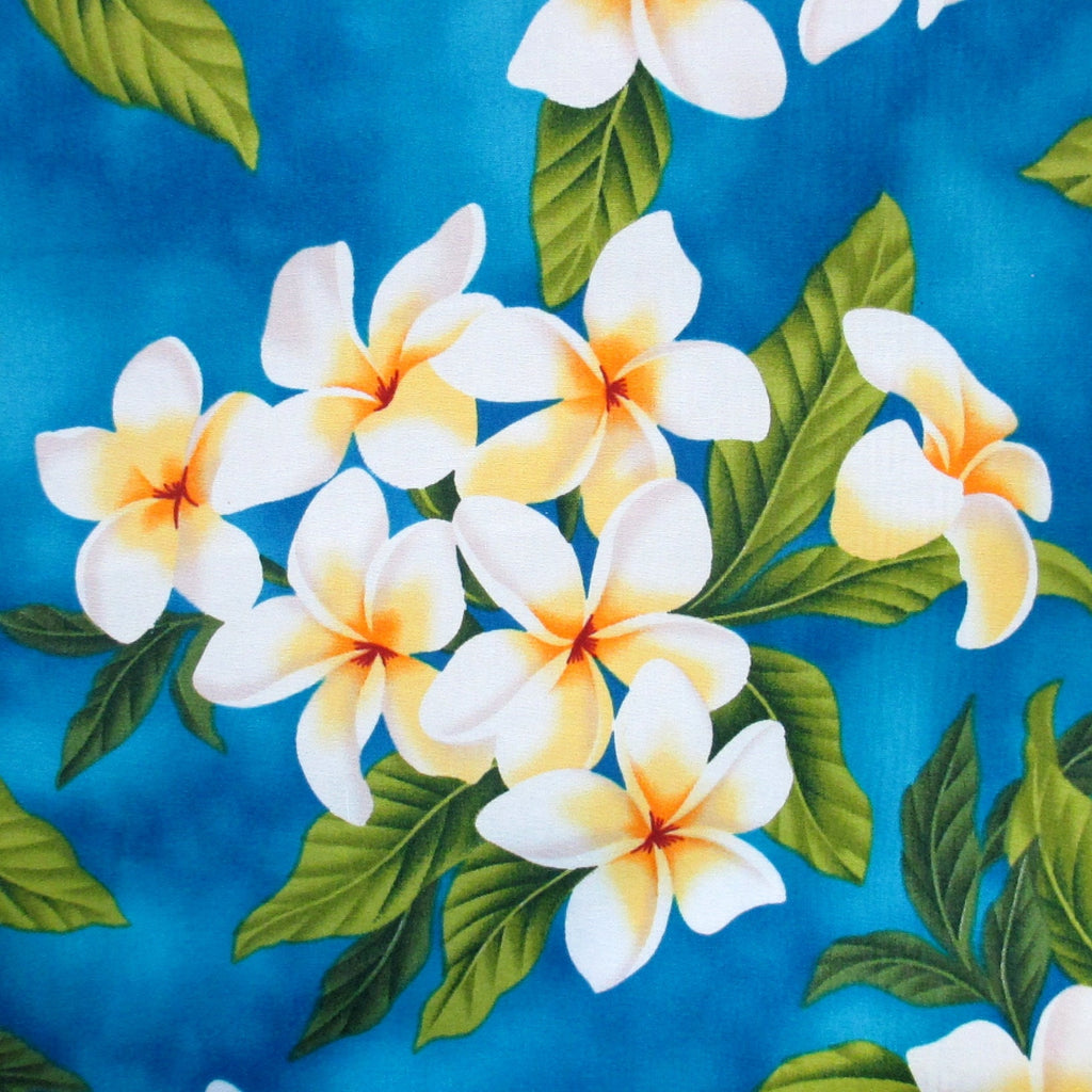 Fabric, White Plumeria Bouquet on Turquoise, Tropical Hawaiian, By the Half or Full Yard