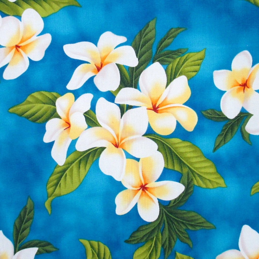 Fabric, White Plumeria Bouquet on Turquoise, Tropical Hawaiian, By the Half or Full Yard